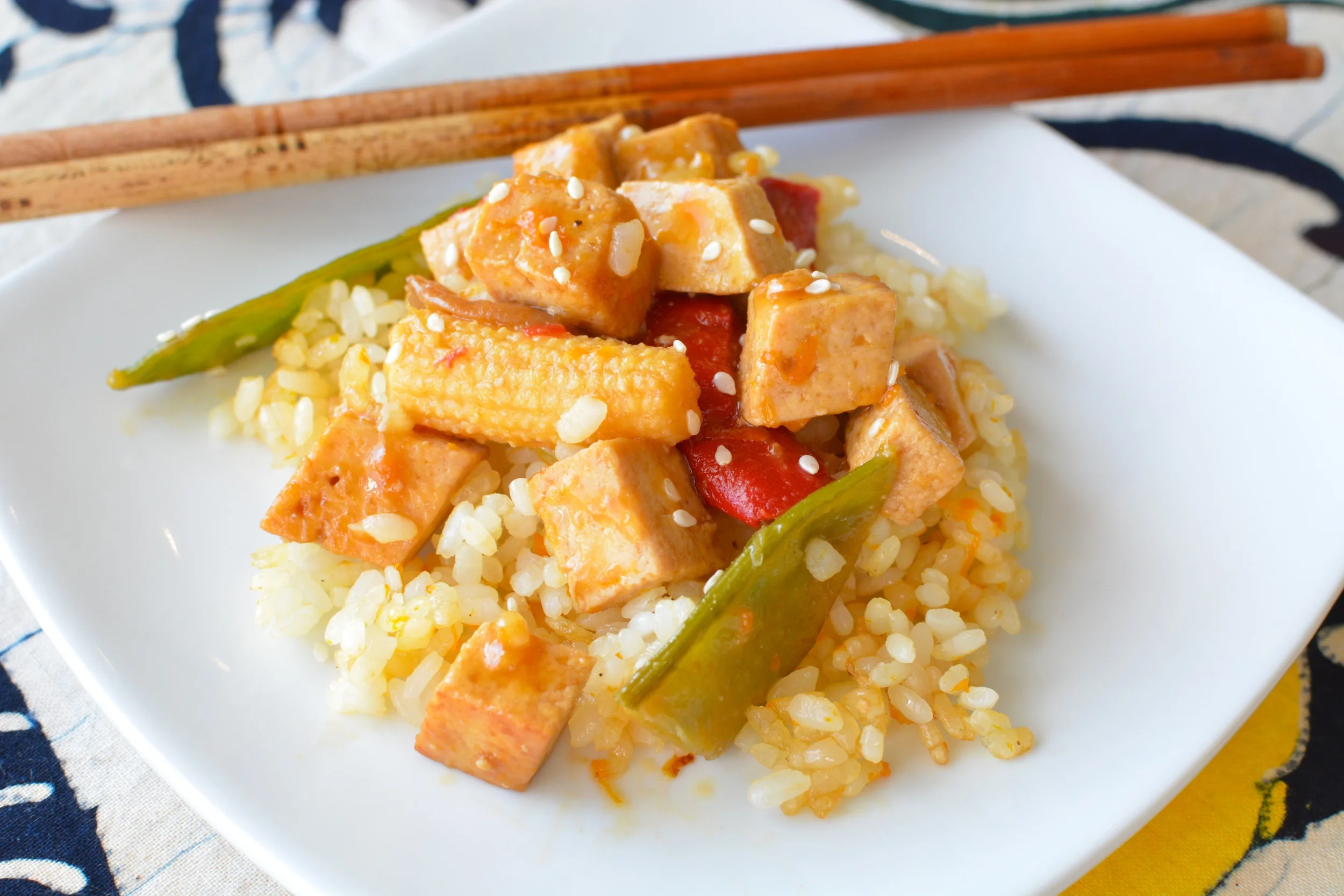 Orange Tofu and Veggies with Crispy Sesame Orange Sushi Rice