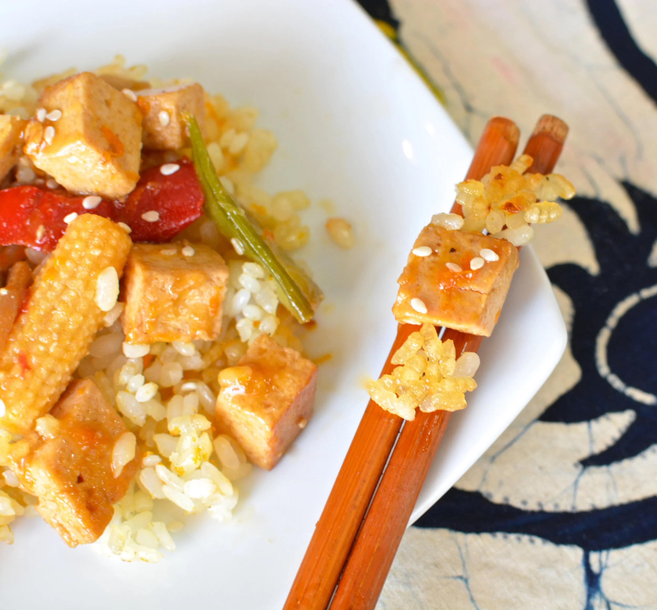Orange Tofu and Veggies with Crispy Sesame Orange Sushi Rice