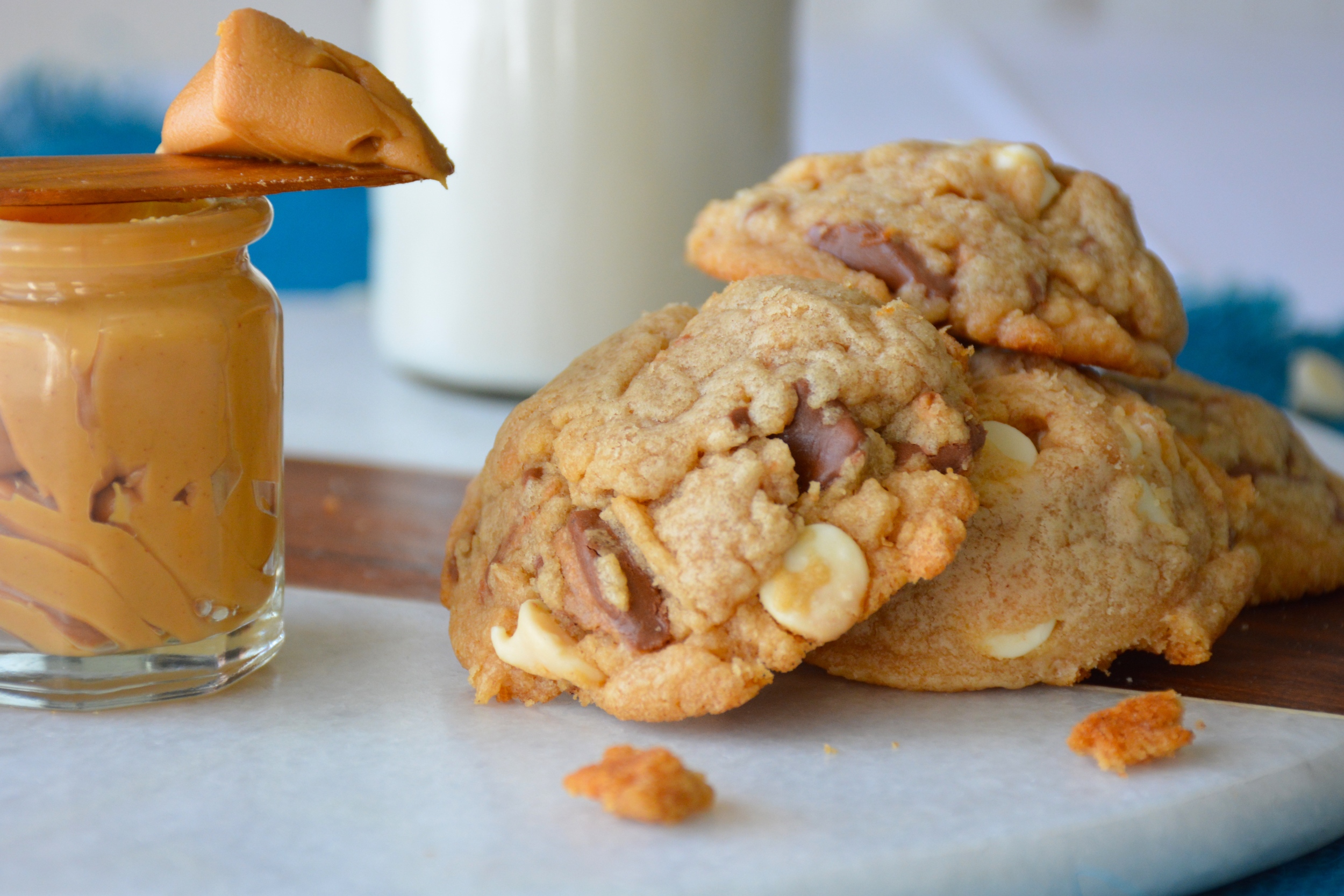 White Chocolate Peanut Butter Cookies with White Chocolate Chips and Crushed Peanut Butter Cups
