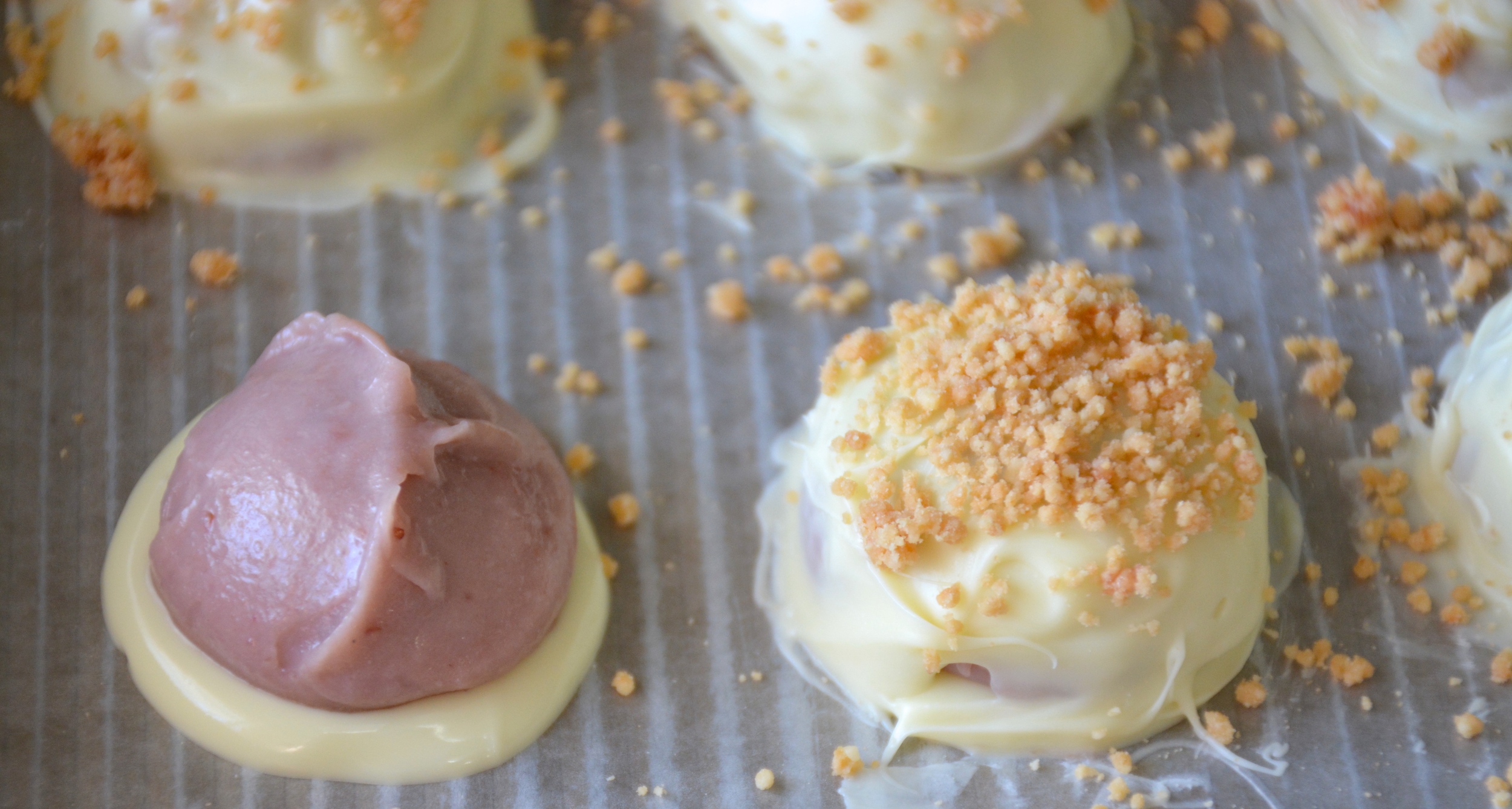 My method for coating the filling with white chocolate!