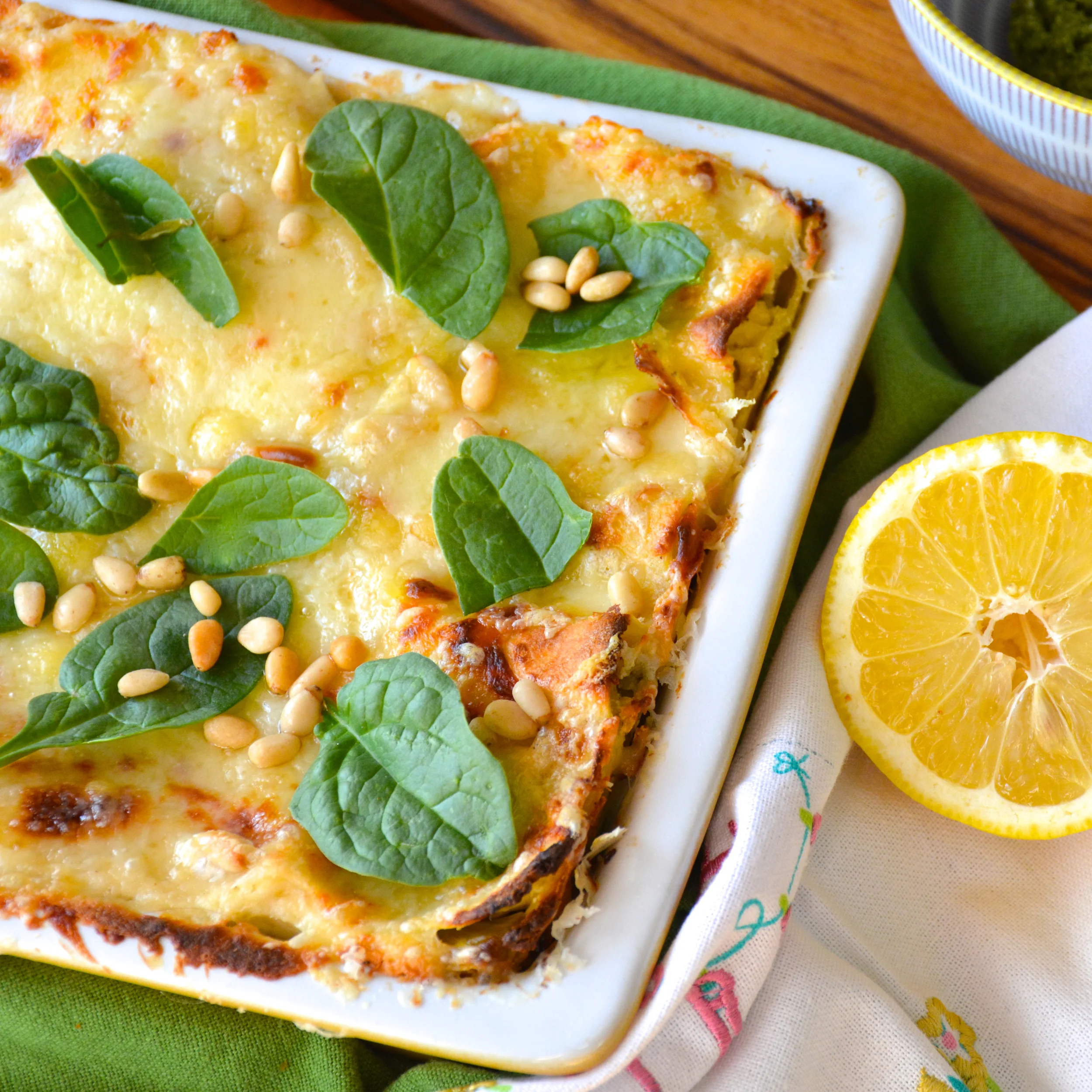 Lemon Ricotta Lasagna with Pan Roasted Baby Artichokes and Basil Pesto