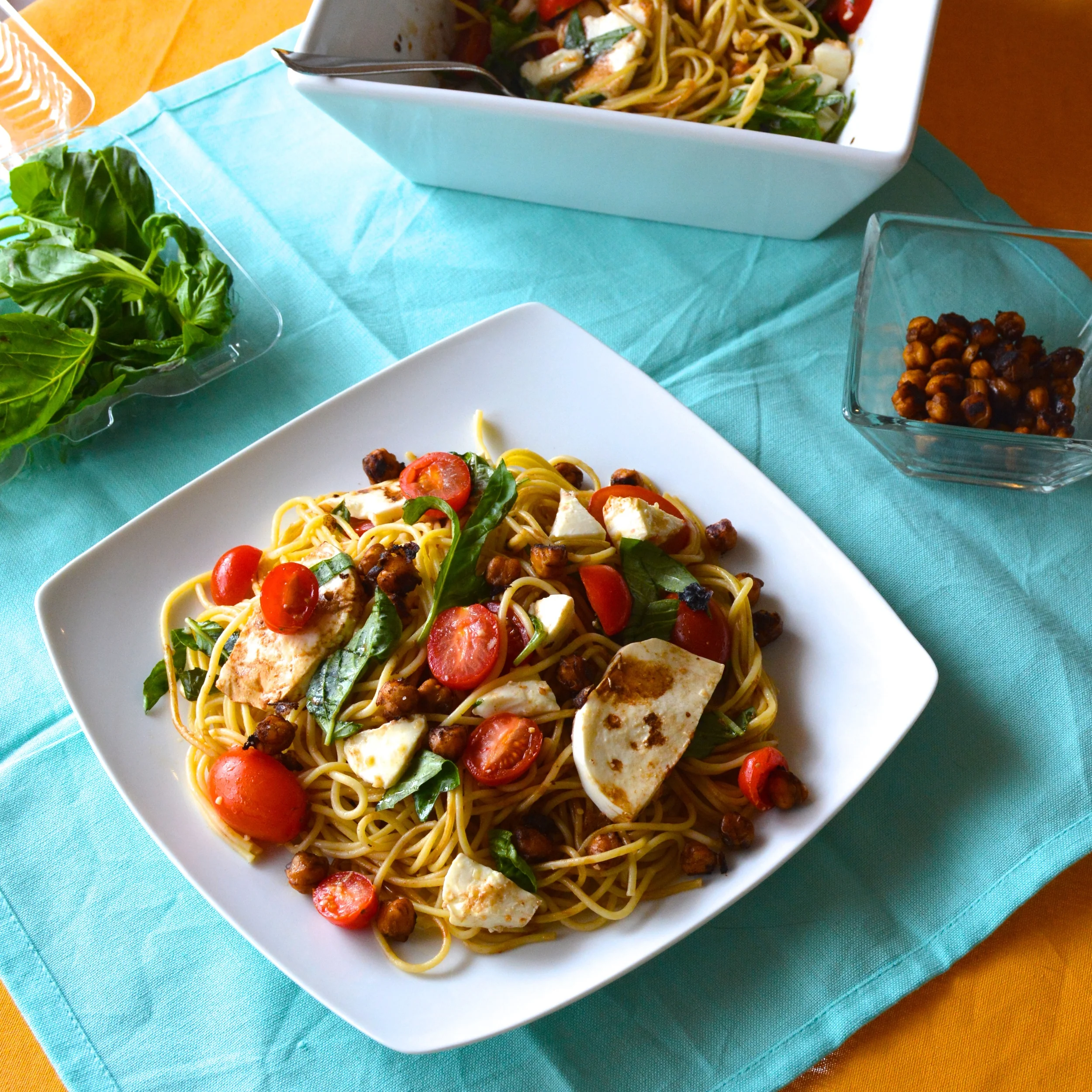 Simple Lemon Garlic Caprese Pasta with Crispy Balsamic Chickpeas