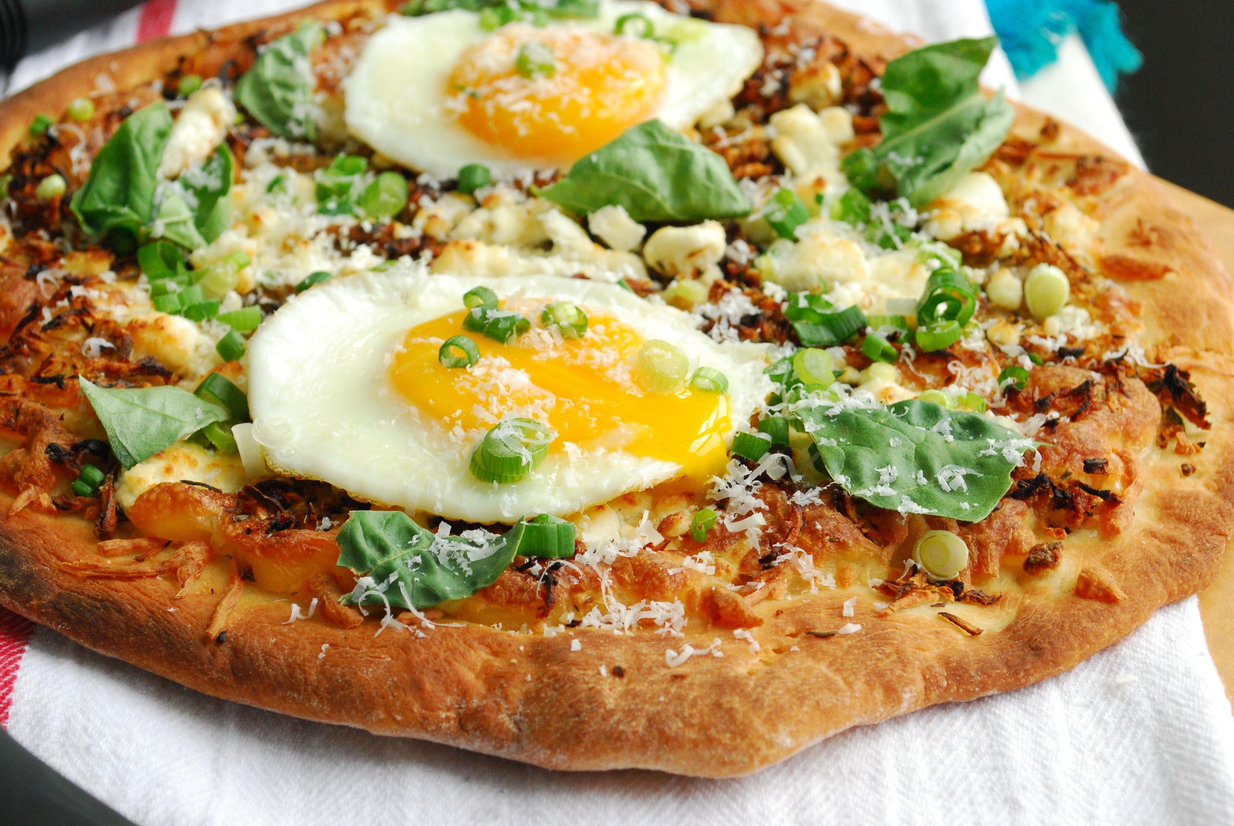 Crispy Shredded Sunchoke Pizza with Goat Cheese and Fried Eggs