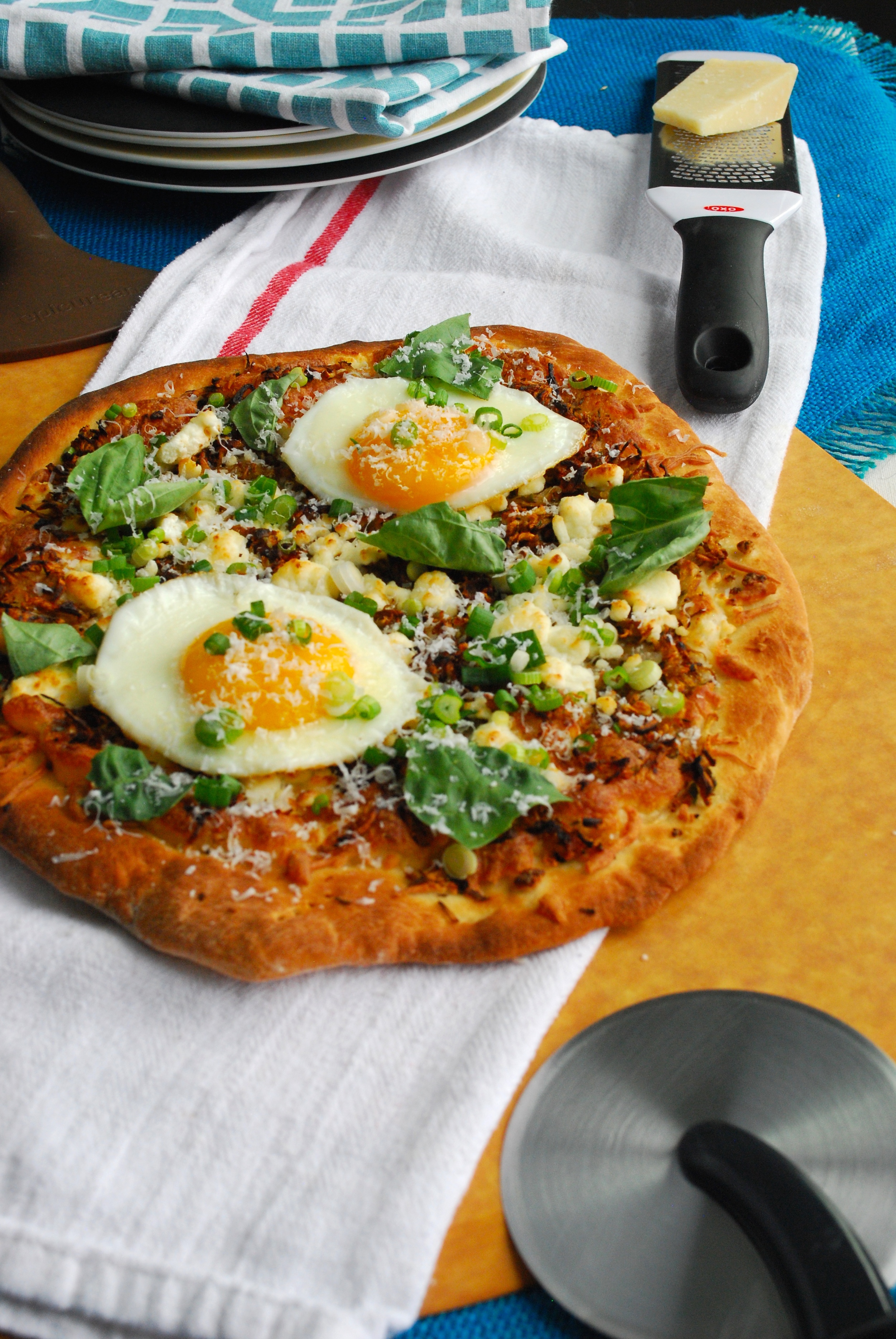Crispy Shredded Sunchoke Pizza with Goat Cheese and Fried Eggs