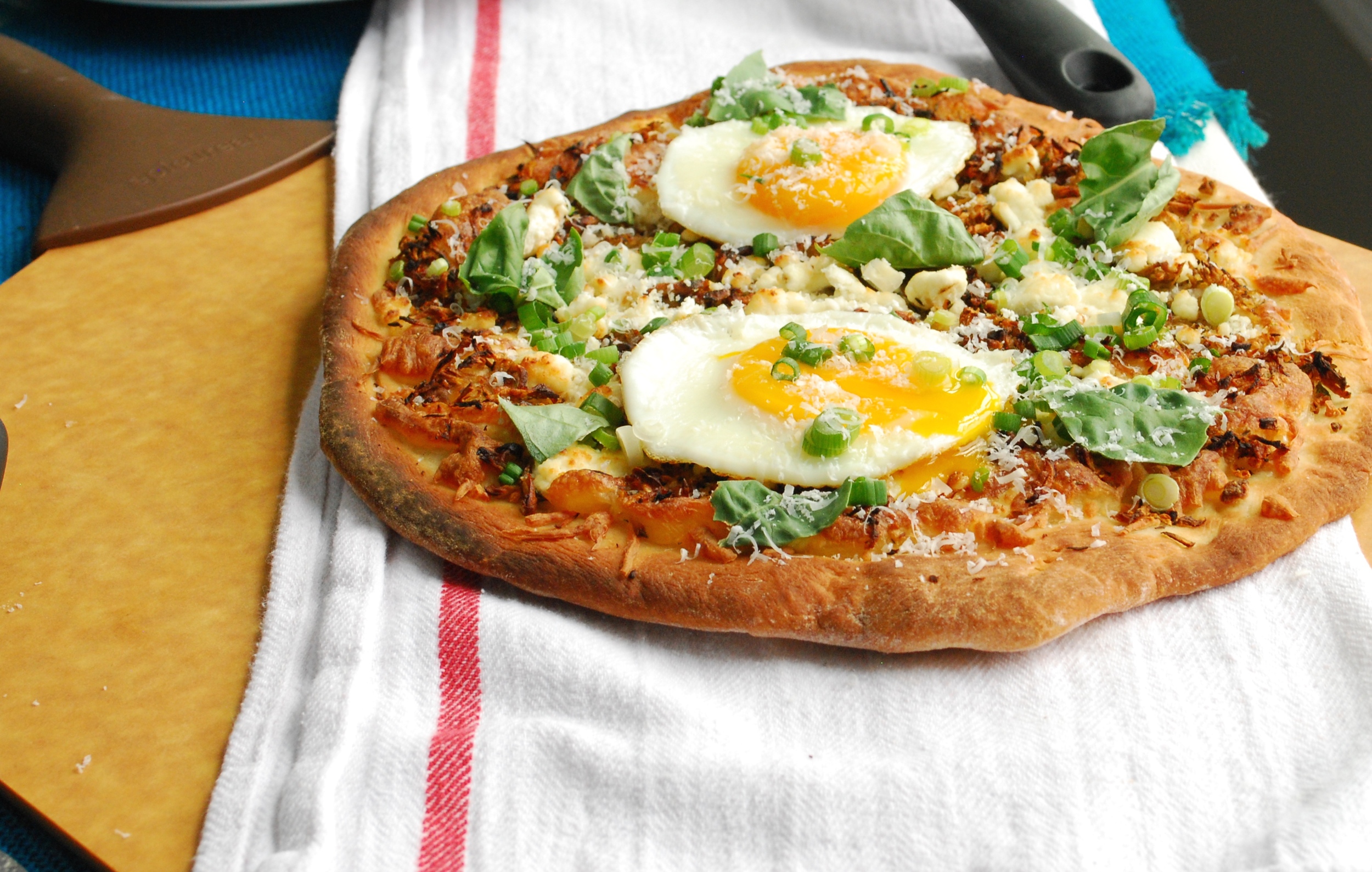 Crispy Shredded Sunchoke Pizza with Goat Cheese and Fried Eggs
