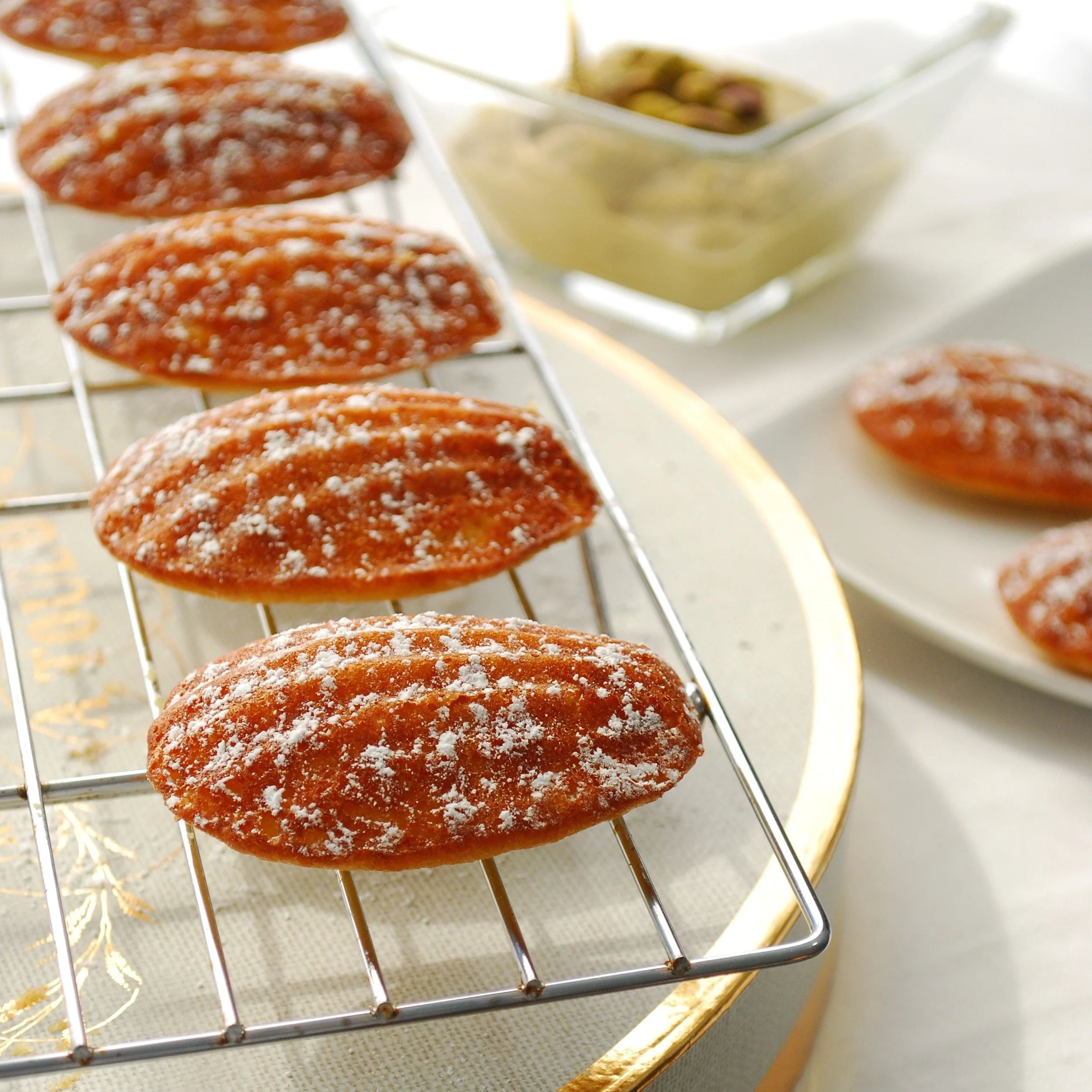 Orange Blossom Water Madeleines with Honey Pistachio Dipping Sauce