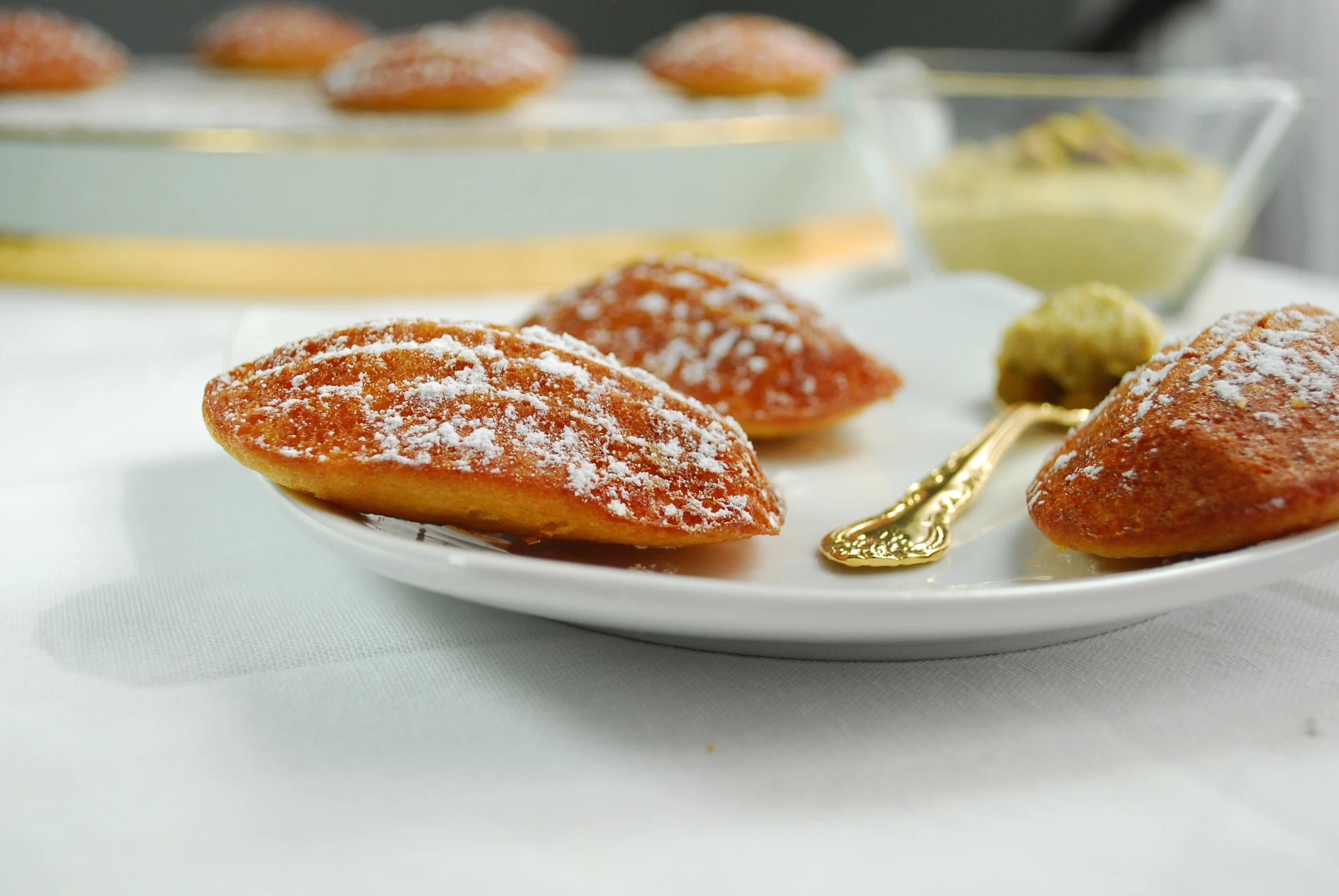 Orange Blossom Water Madeleines with Honey Pistachio Dipping Sauce