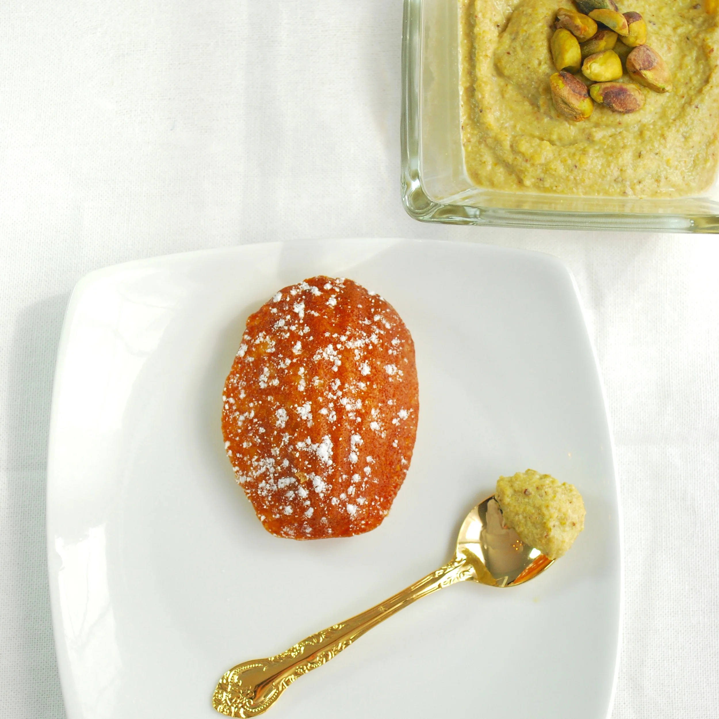 Orange Blossom Water Madeleines with Honey Pistachio Dipping Sauce