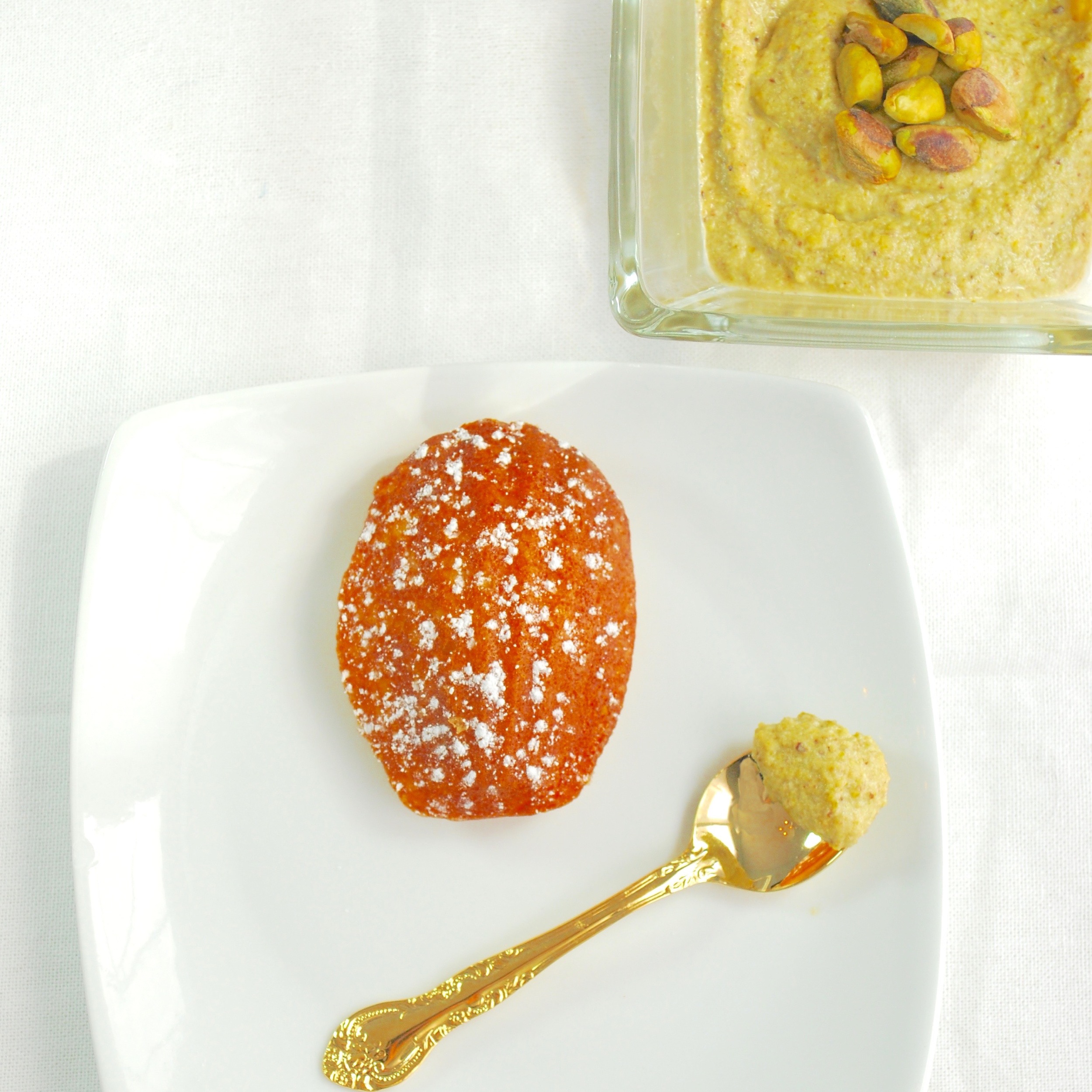 Orange Blossom Water Madeleines with Honey Pistachio Dipping Sauce