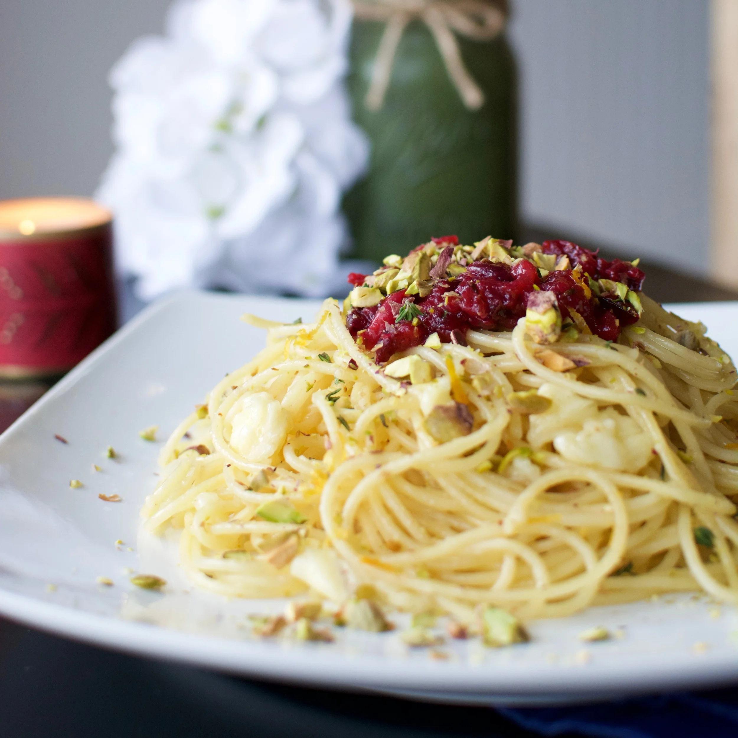 Browned Butter Brie Pasta with Herbed Cranberry Orange Sauce
