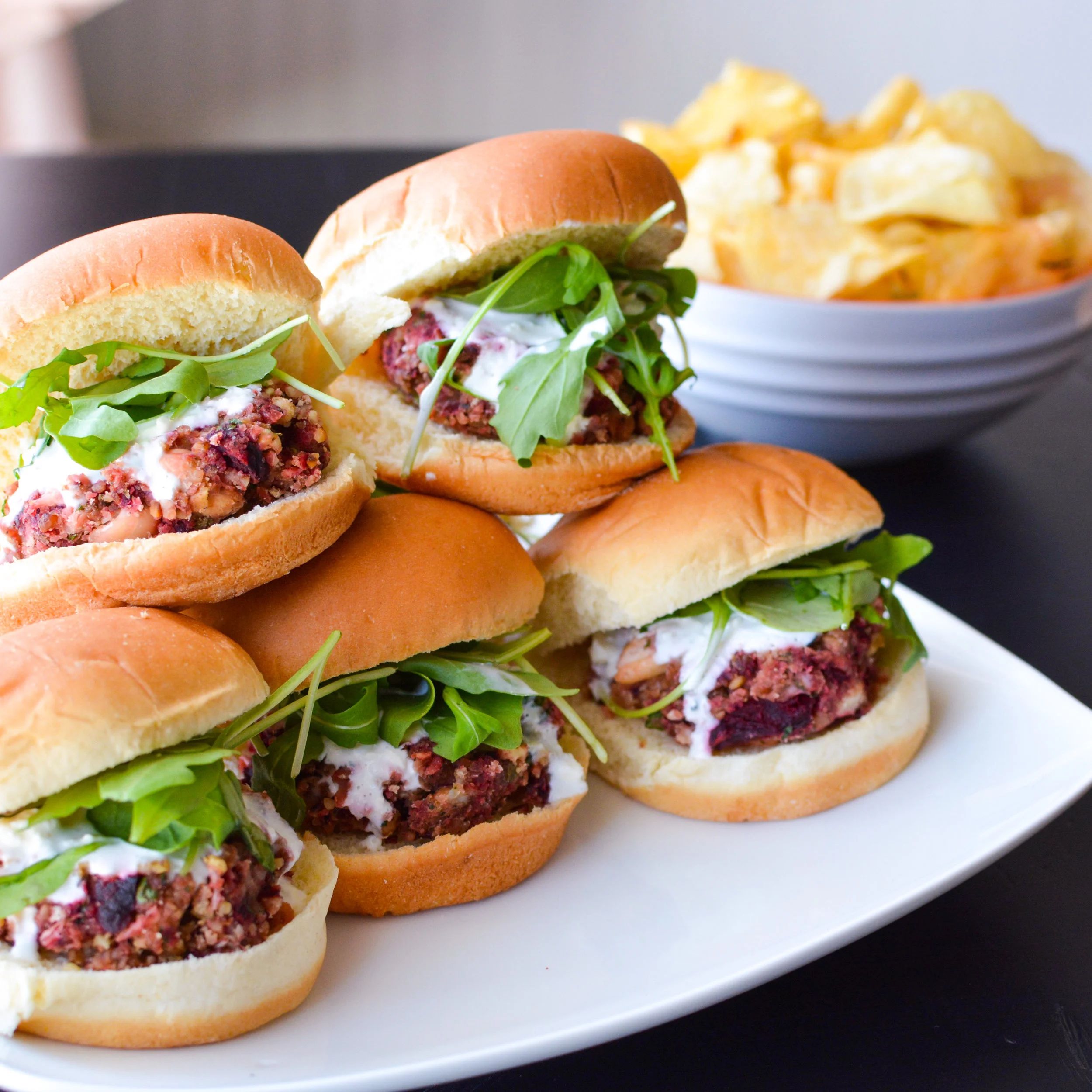 Beet, Bean and Blue Cheese Sliders with Blue Cheese Sauce - Kristin's Kitchen