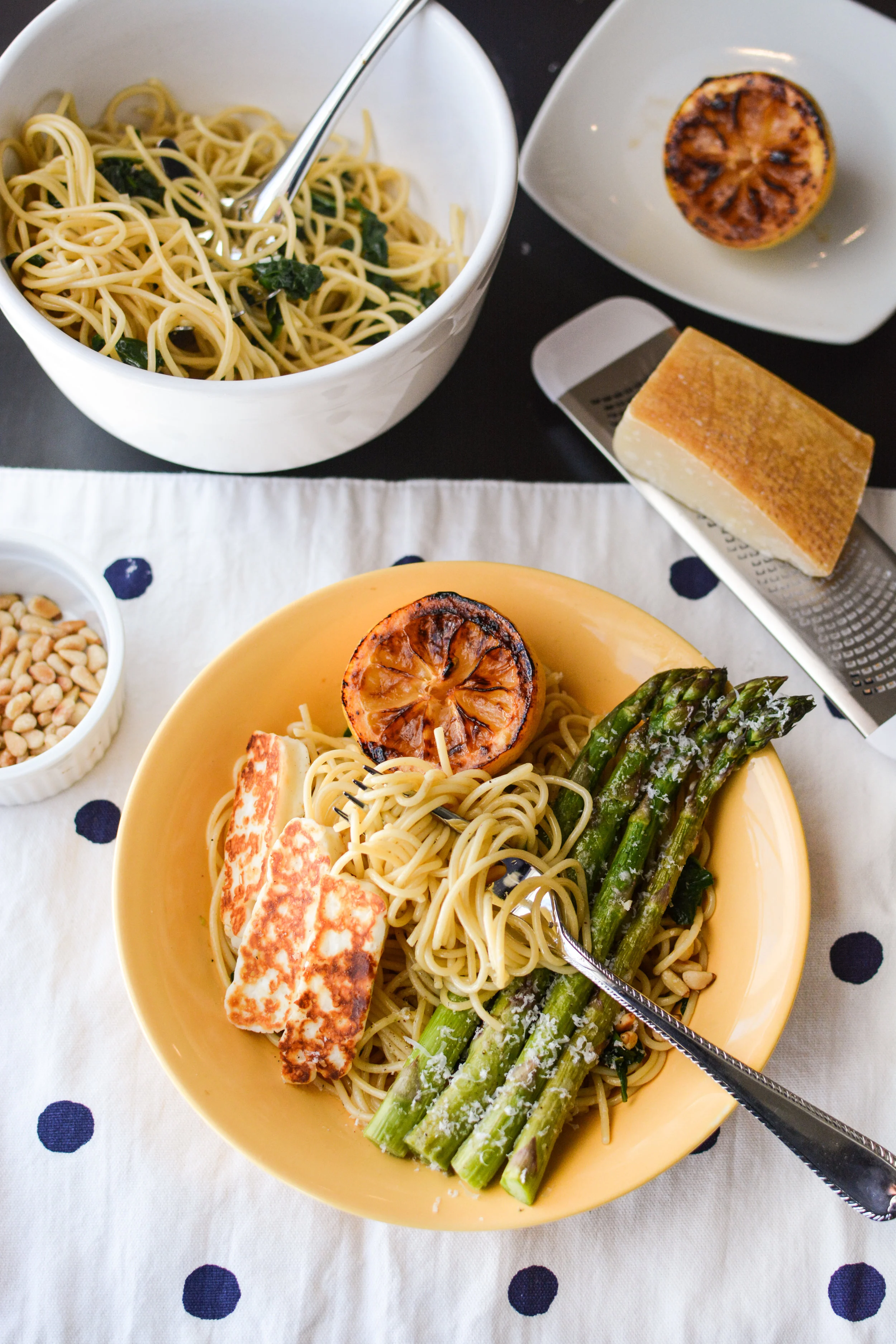 Caramelized Lemon Pasta with Asparagus and Halloumi