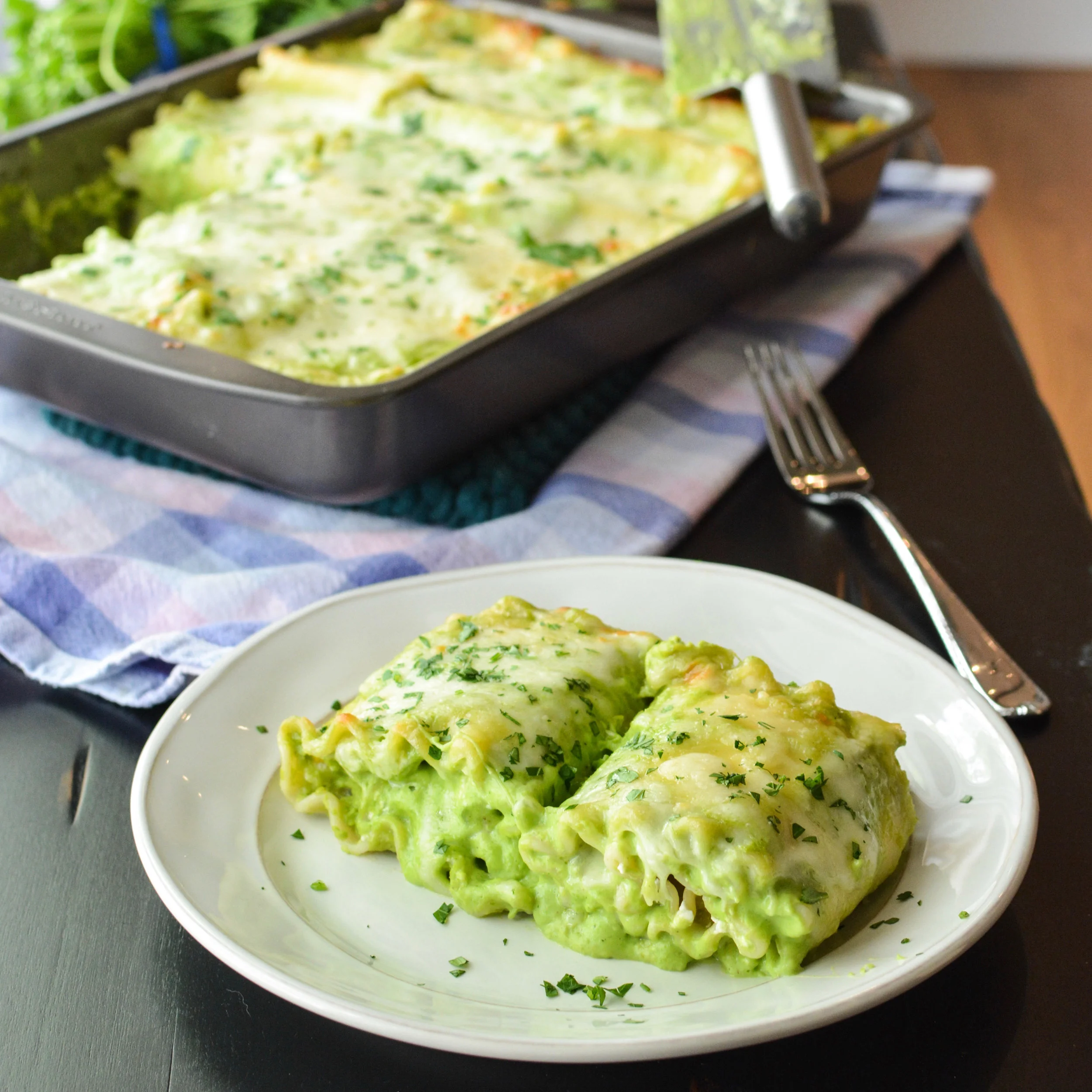 Lasagna Roll Ups with Herbed Sweet Pea Sauce
