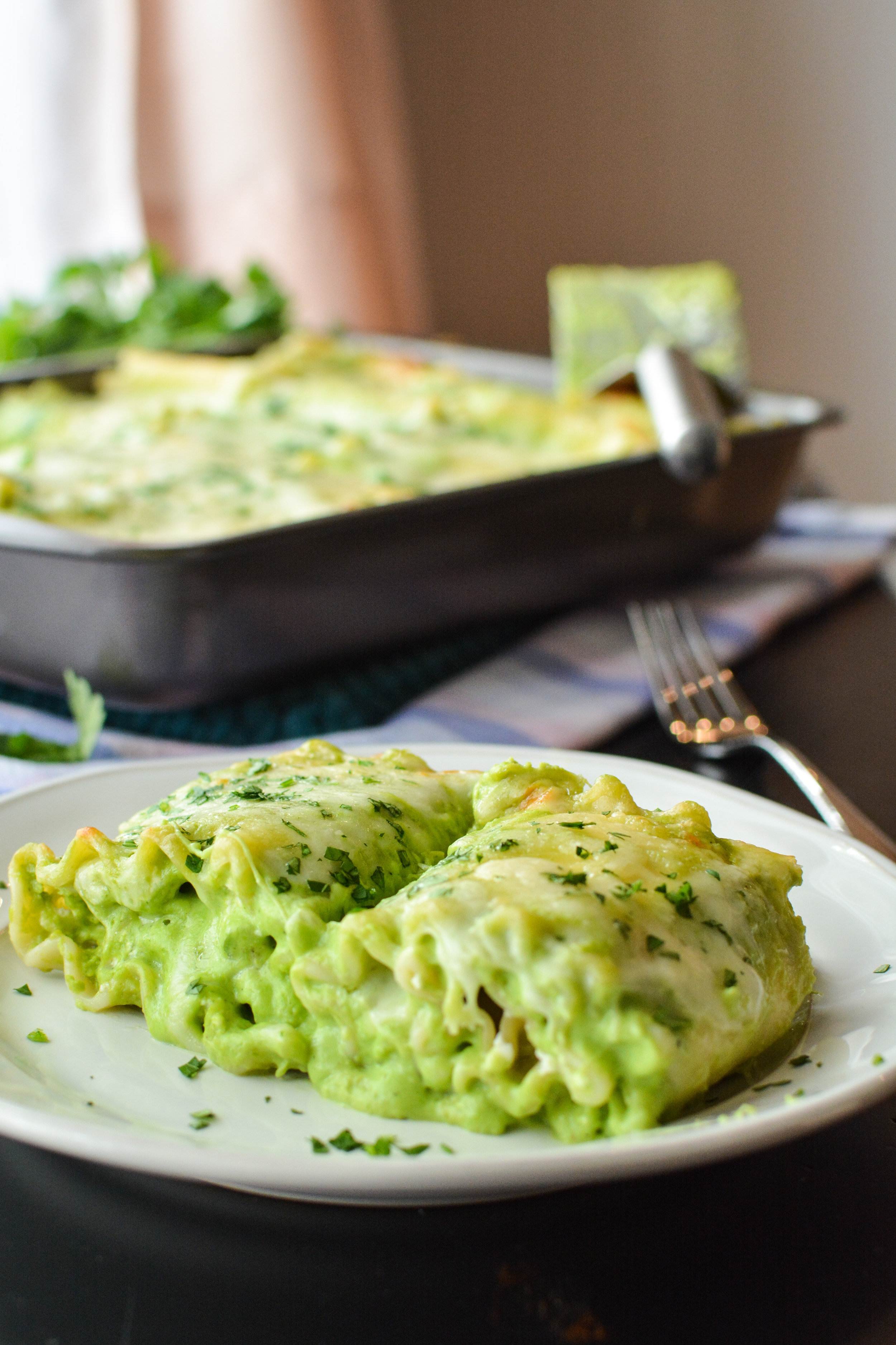 Lasagna Roll Ups with Herbed Sweet Pea Sauce