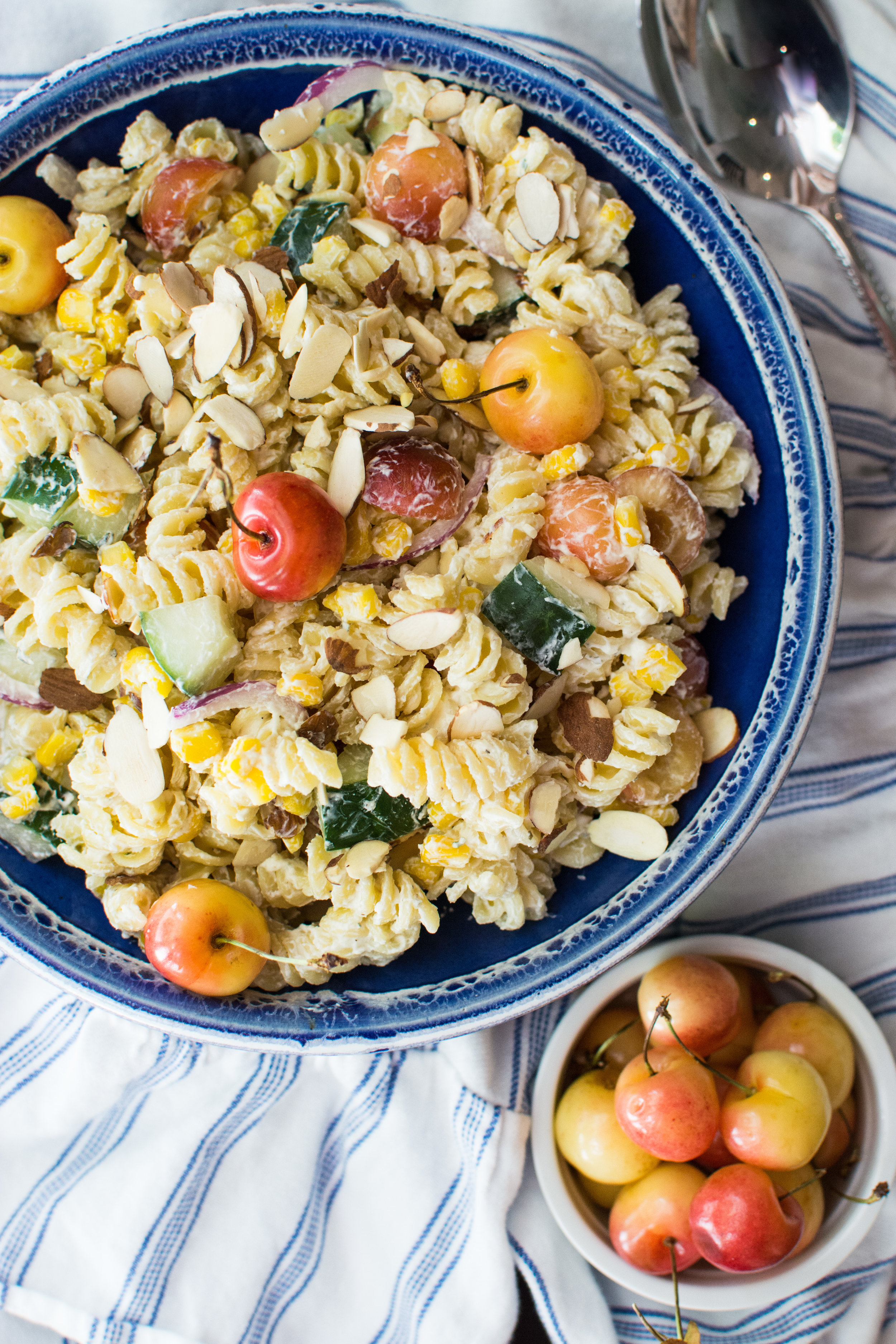 Boursin Pasta Salad with Cherries, Corn and Cucumber