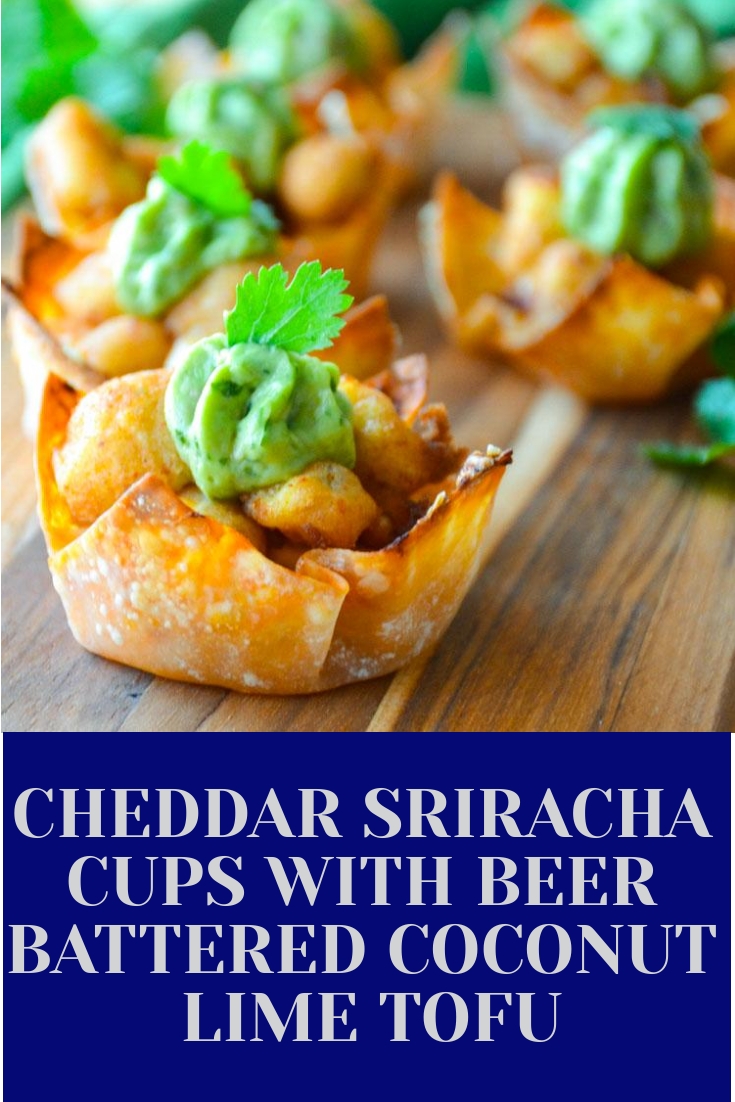 Crispy Cheddar Sriracha Cups with Beer Battered Coconut Lime Tofu and Avocado Cilantro Cream