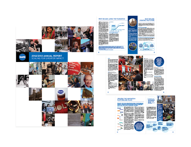 MaRS Discovery District From 2012-thru-2014 I worked on retainer for Toronto's MaRS Discovery District creating (among other things) print marketing collateral, web-assets, infographics, sub-branding/identity work and annual reports. (view the whole layout here)