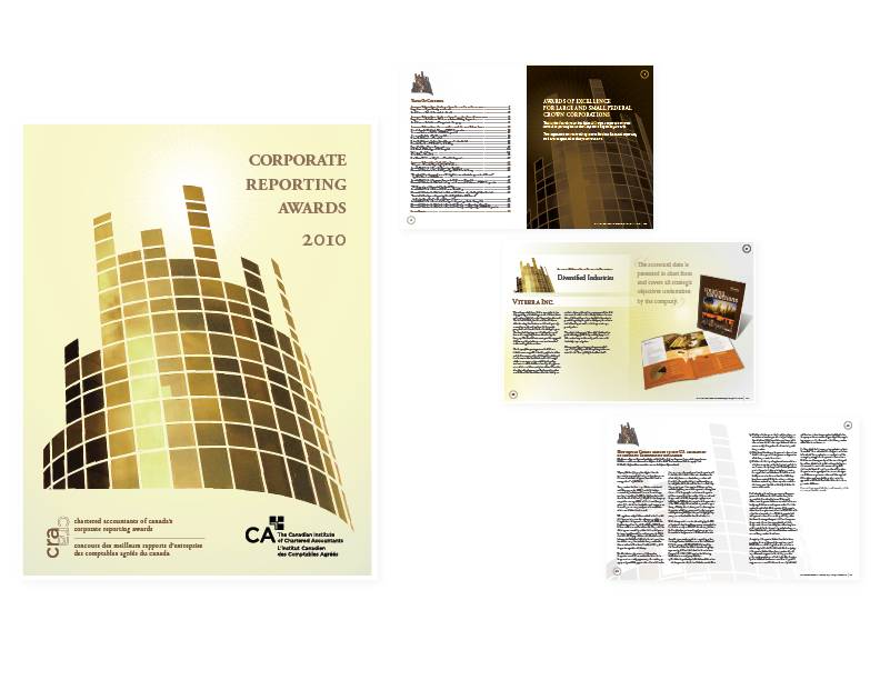   2010 Corporate Reporting Awards banquet programme  8.5” x 11” perfect-bound book, 72 pages + cover&nbsp; [cover and select interior spreads] — art direction/graphics/layout 