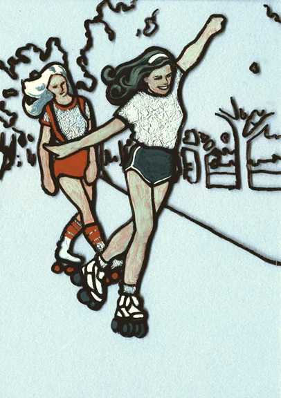Roller Skaters acrylic, Sharpie and foil on glass