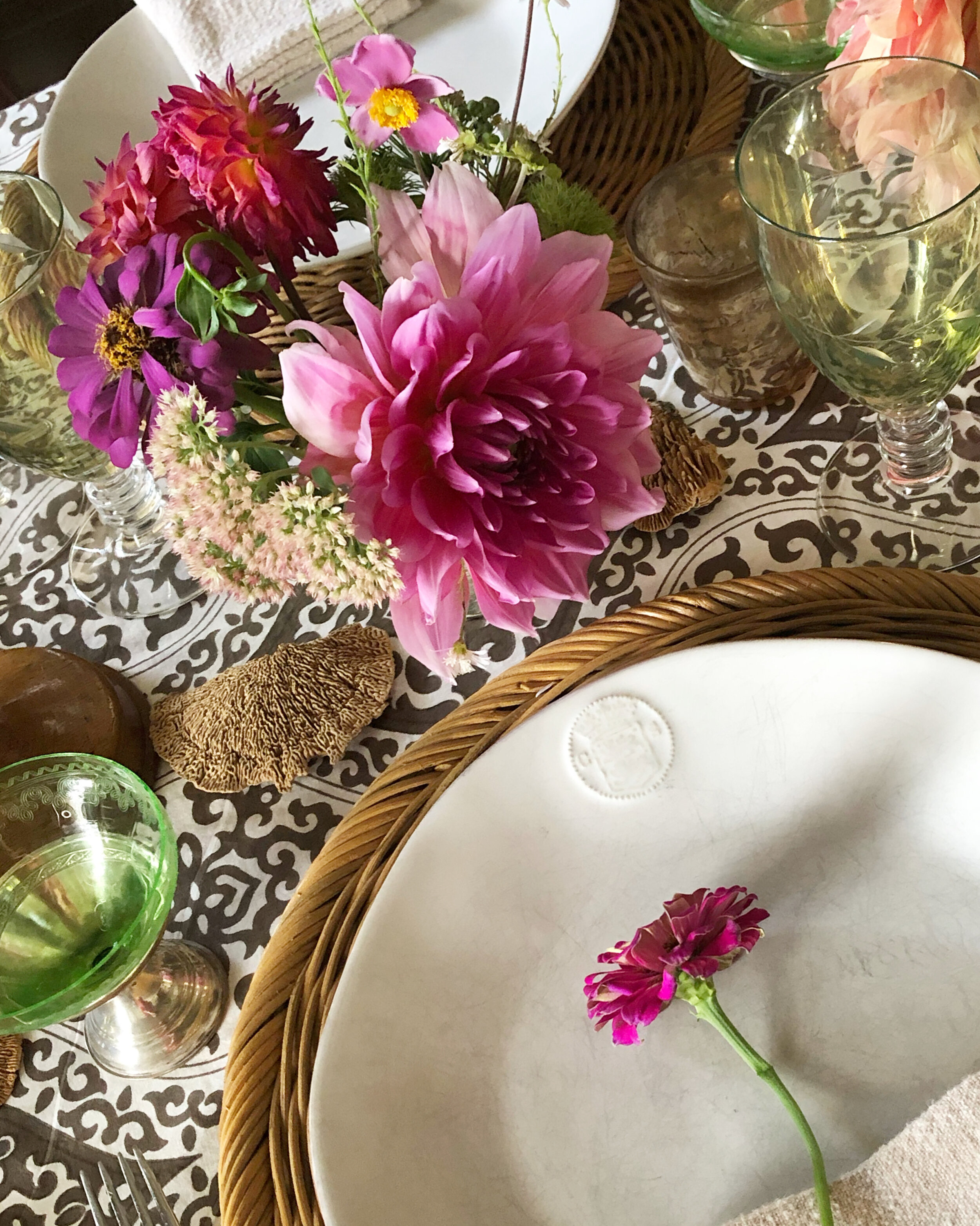  Summer’s finale showing off beautiful colorful blooms made for a bright and fun setting!  I used a brown block print table cloth, a pair of antique wooden candlesticks, and dried mushrooms to bring in hints of Fall. 