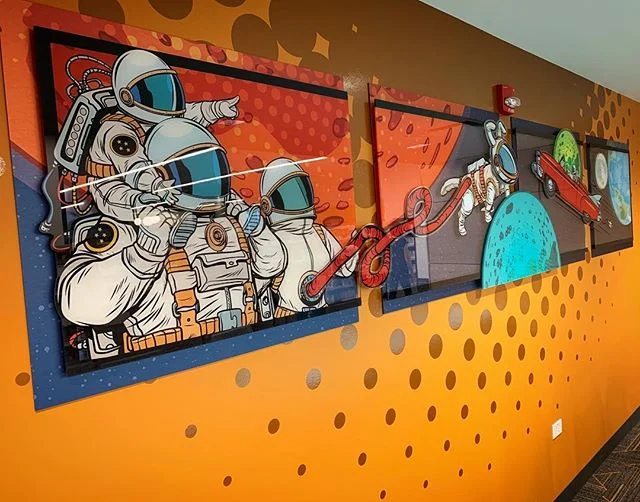 Space inspired pop art piece with metallic vinyl on the wall, aluminum diabond for the backing, and acrylic. #isuredolovemyjob #especiallywhenitmatchesmyvision