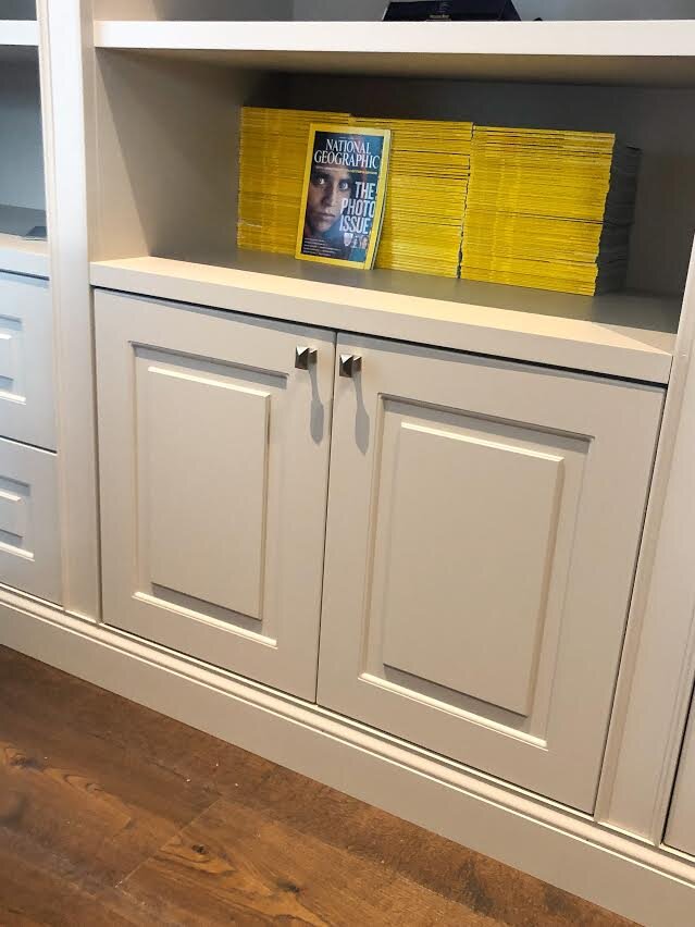 Ballsbridge Residence; Library bookcase &amp; printer unit, painted in Zoffany Mushroom