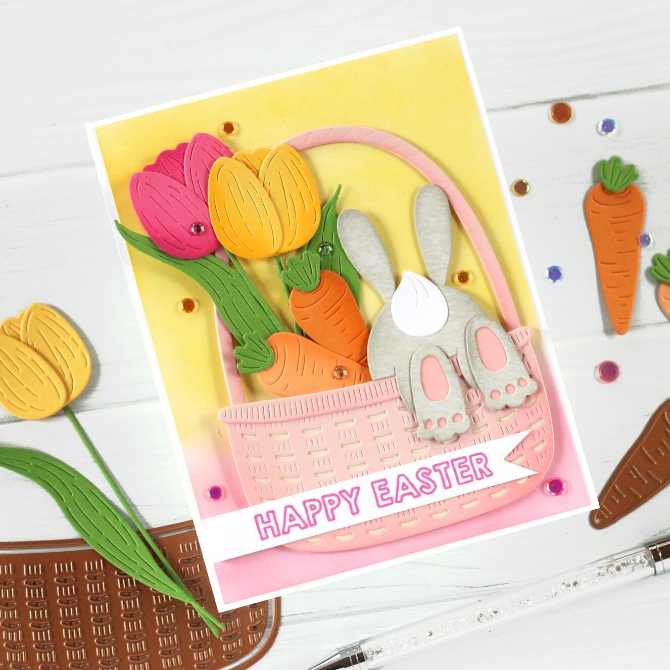 JOIN ME! Let&rsquo;s create Easter cards tomorrow at 11:00 am Central time, noon Eastern! 🐰
.
I&rsquo;ll be creating with the @teamspellbinders Floral Bunny Basket die and sharing tips for creating several die cut scene cards at once. Plus, we&rsquo