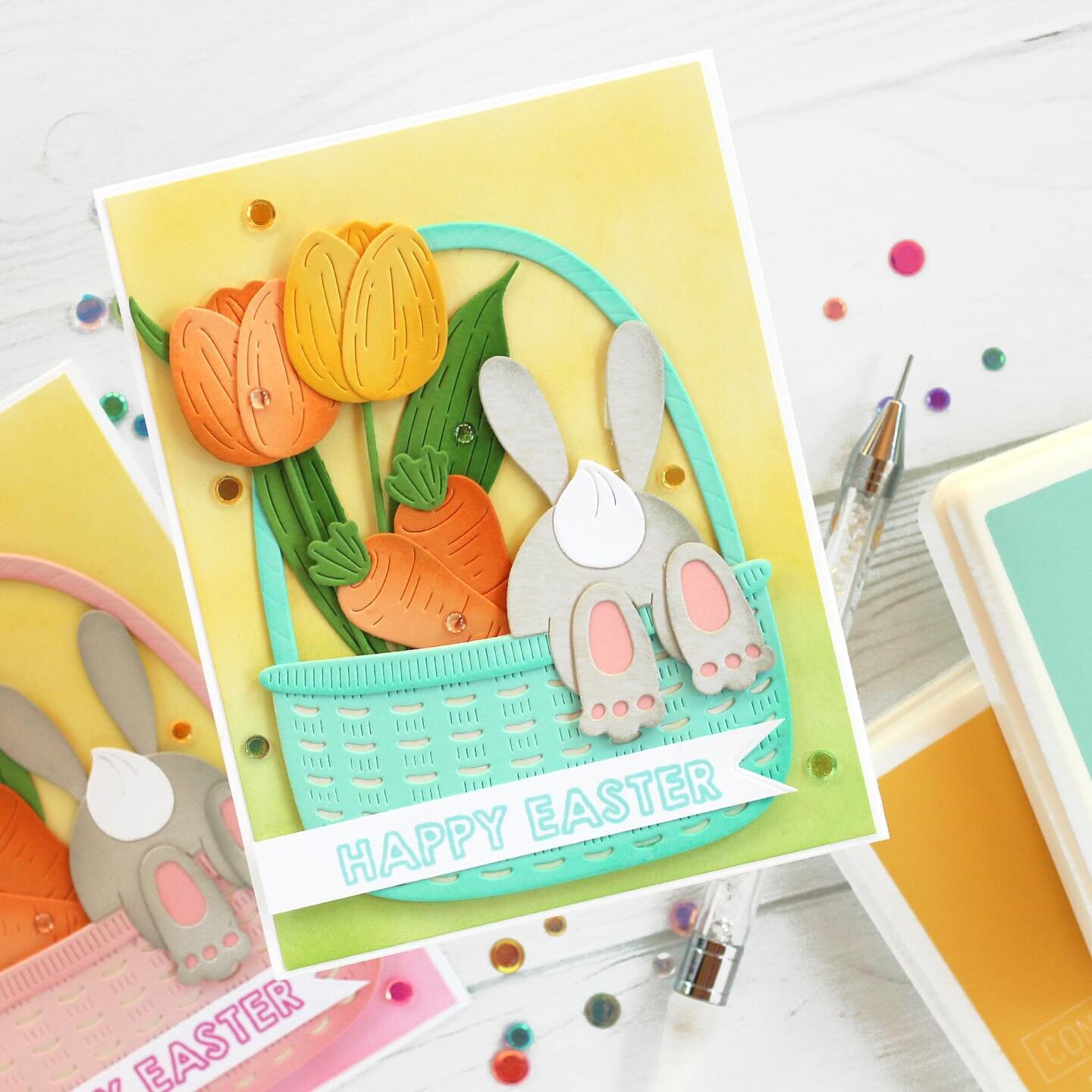 We made one more card in what I like to call the &ldquo;bunny bum series&rdquo; live on YouTube today! Watch on replay at the link in my profile! 🐰 
.
I created this sweet card for my son&rsquo;s Easter basket using products from @teamspellbinders ,