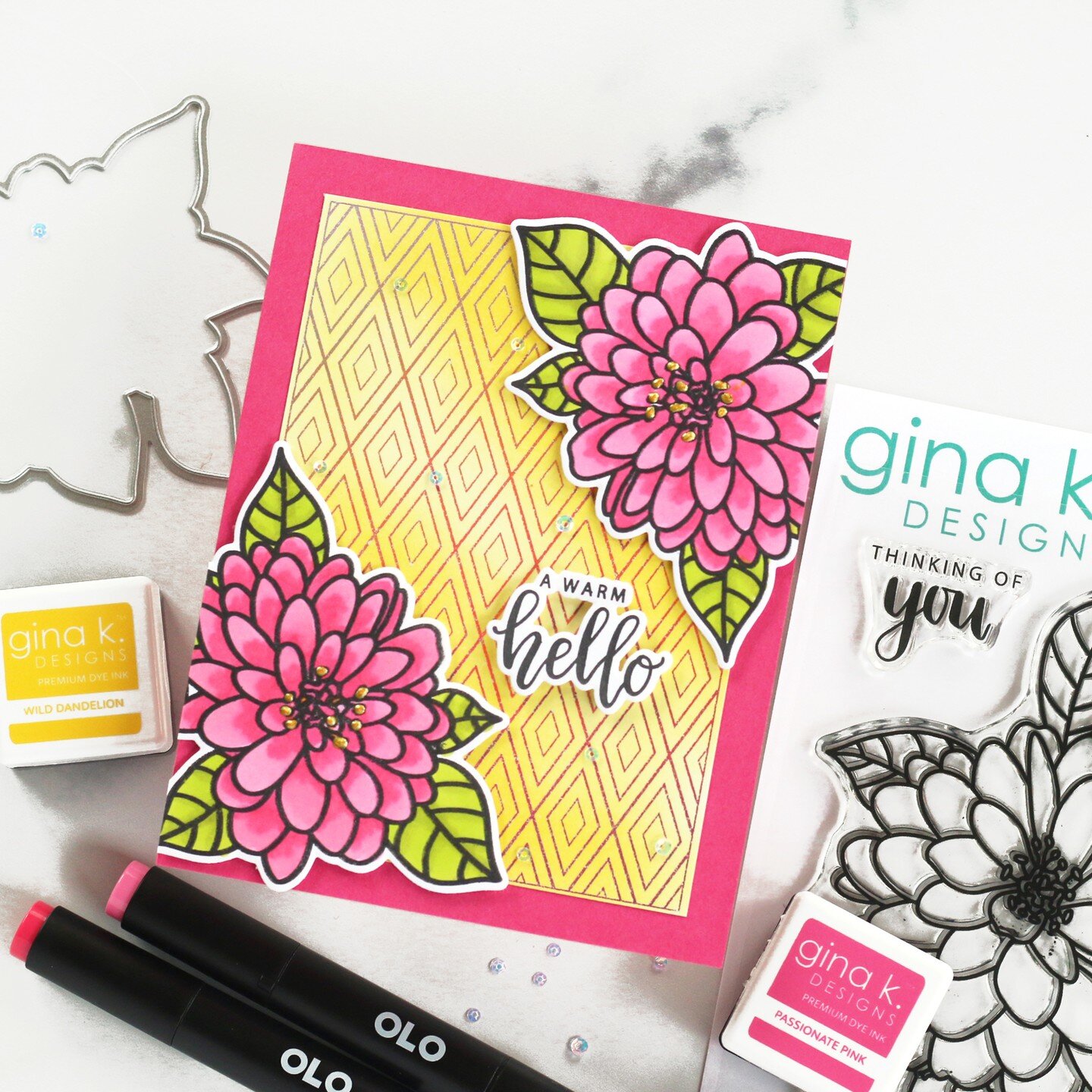The new release from @ginakdesigns is here! Watch my latest process video to see this card come together!
.
I loved using products from Gina's gorgeous new release to create this card using four different techniques: alcohol marker coloring with @olo