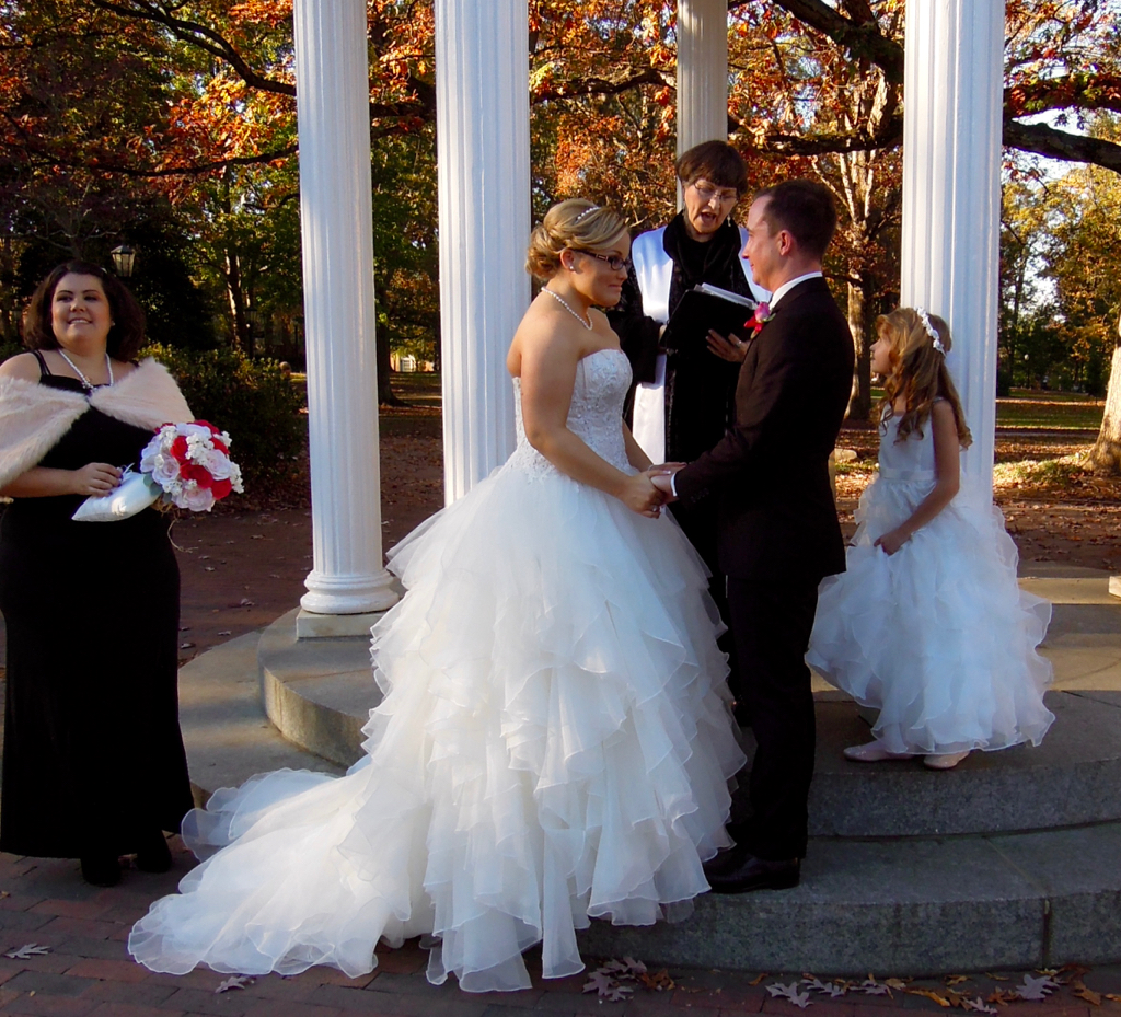 Sweet wedding at the UNC Bell Tower--a sentimental part of their relationship. 