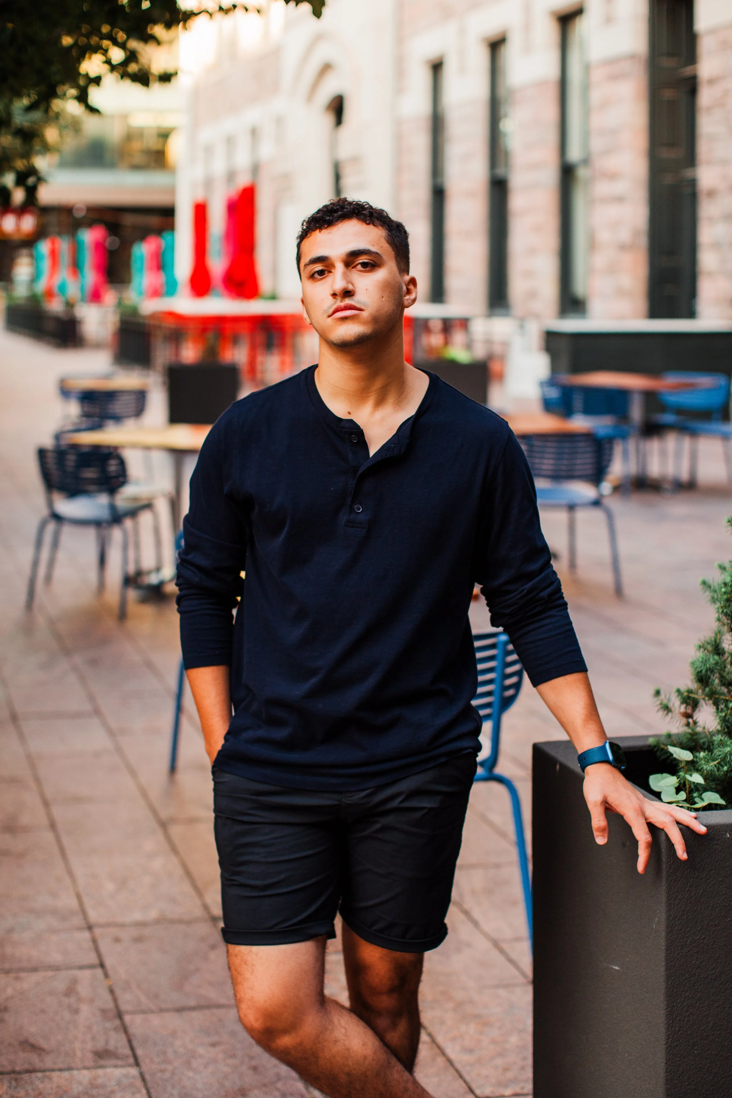 young man senior photos Denver colorado union station morning