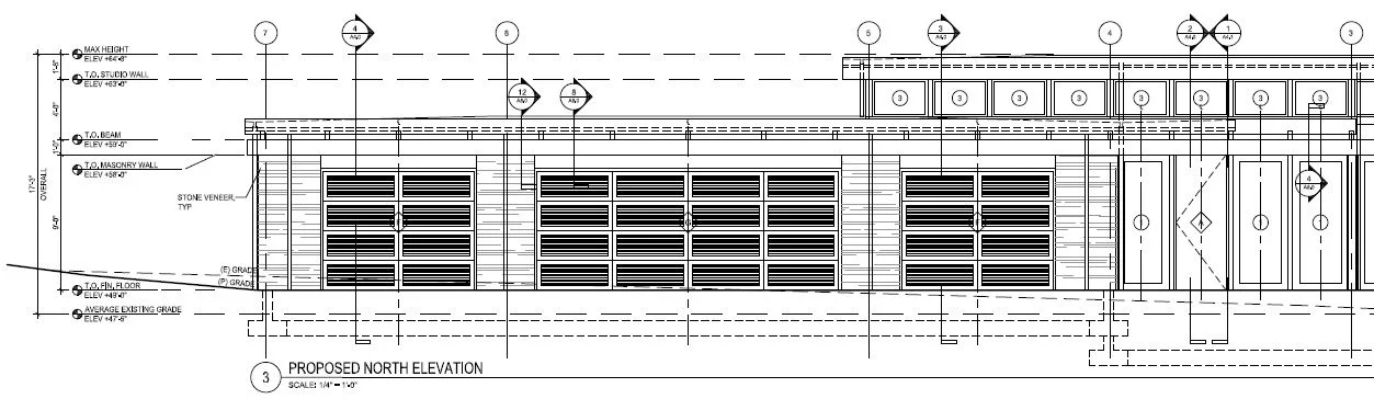 Example of a construction drawing (explains heights, materials, and cross-references for other construction details shown on other drawing sheets)