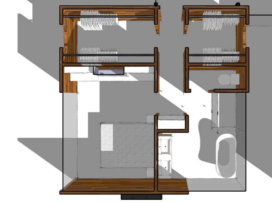 Example of master suite with privacy in sleeping area, so bathroom and closets are not visible from sleeping area