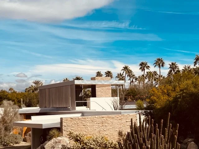 The stone chimney extending beyond the reflective roof plane creates true contrast