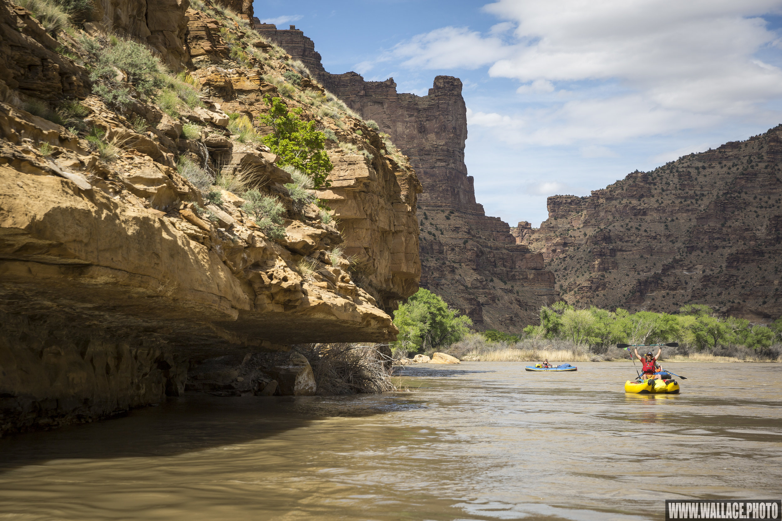 A mellow section of water in Desolation Canyon, with cool overhang. 