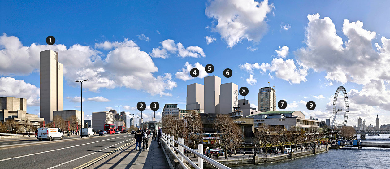 Waterloo after. 1. Doon Street 2. 1 The Elephant 3. 360 London 4. Elizabeth House 5-6-7-8. Shell Centre 9. 1 Nine Elms