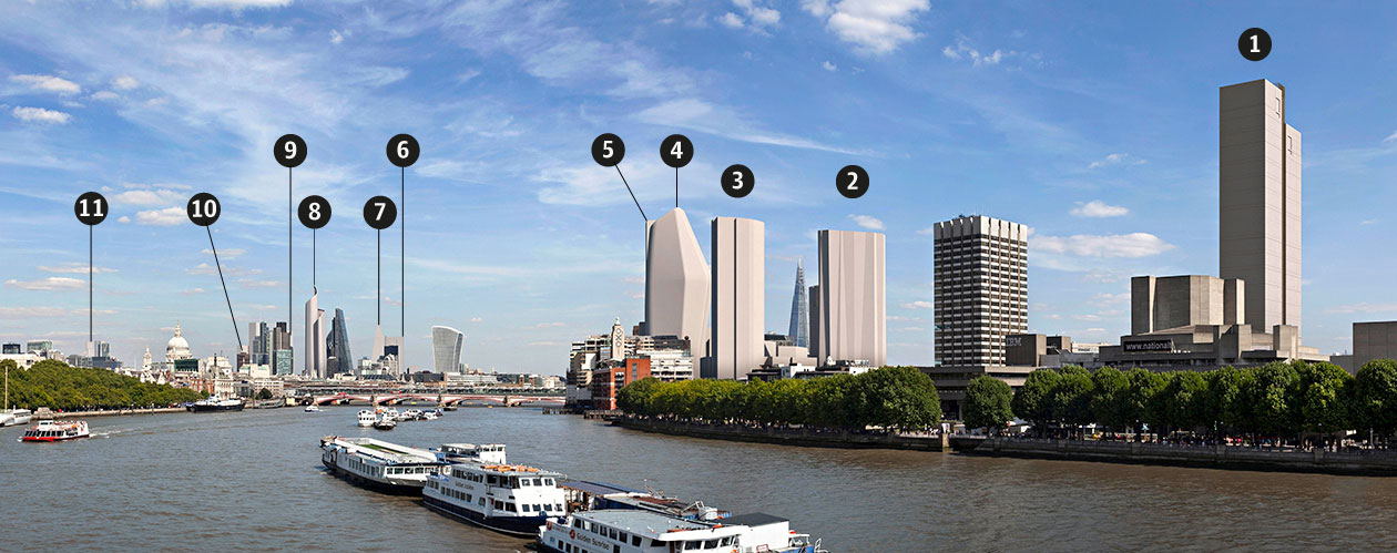 1. Doon Street 2. 20 Blackfriars 3. South Bank Tower (Formerly Kings Reach) 4. 1 Blackfriars 5. Ludgate & Sampson House 6. 40 Leadenhall 7. 52 Lime Street 8. Pinnacle 9. 100 Bishopsgate 10. The Hotel at Heron Tower 11. 1 Crown Place