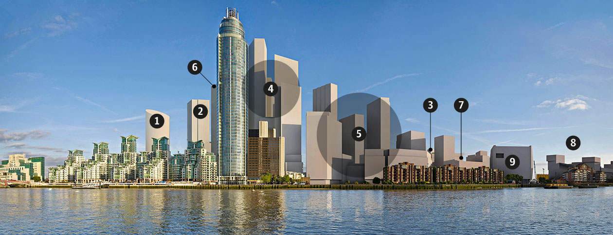 1. Vauxhall Island Towers 2. New Bondway 3. Sainsbury’s Development Nine Elms 4. 1 Nine Elms (Formerly Market Towers) 5. New Covent Garden Market Towers 6. Vauxhall Square 7. Embassy Gardens Phase 2 8. Embassy Gardens Ambassador Building 9. US Embassy