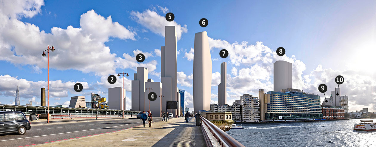 Blackfriars after. 1. Tate Modern Extension 2-3-4-5. Ludgate & Sampson House 6. 1 Blackfriars 7. 20 Blackfriars 8. South Bank Tower (Formerly Kings Reach) 9. Shell Centre 10. Doon Street