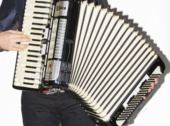 Mr. Groban with the accordion he plays in the show. Aaron Richter for The New York Times