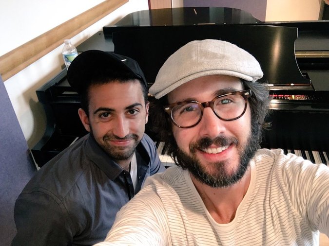 Or Matias, left, the musical director of “The Great Comet,” in Stockholm to work with Josh Groban on vocals for the show. via Or Matias