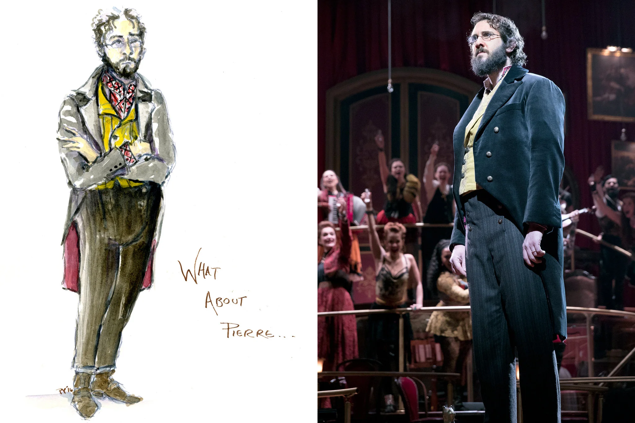 Left, a sketch by Paloma Young, the costume designer for “The Great Comet.” Right, Mr. Groban in costume, which includes substantial padding. Left, Paloma Young; right, Sara Krulwich/The New York Times