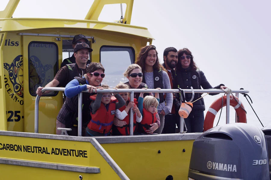 Group on back of deck on a private whale watching tour.