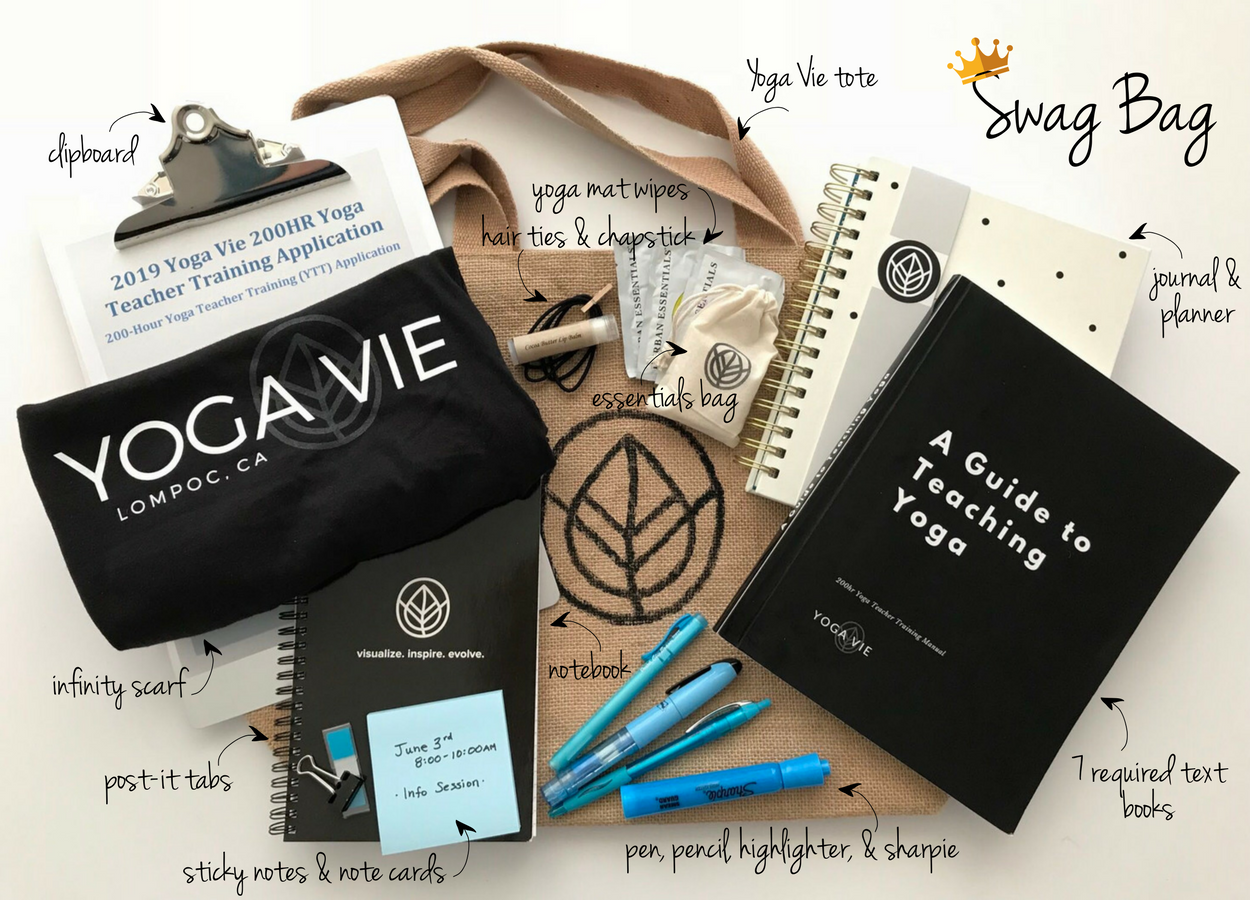 *Each swag bag will be customized and may have slight variations (with the exception of text books). Swag bags are for first time YTT students.