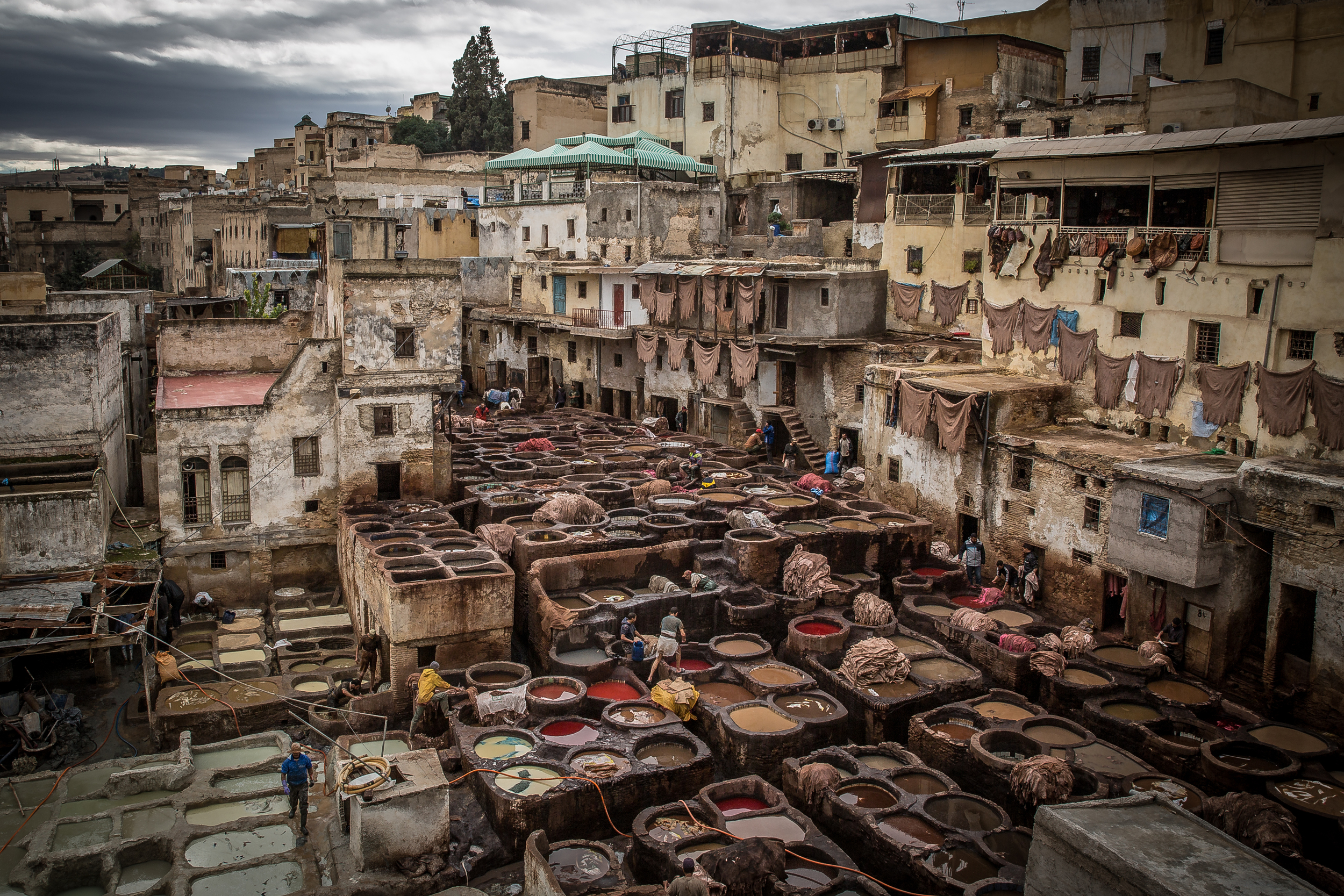 Chouara Tannery is almost a thousand years old. Hides are placed in dying pits containing natural dyes. The process has not changed since medieval times.