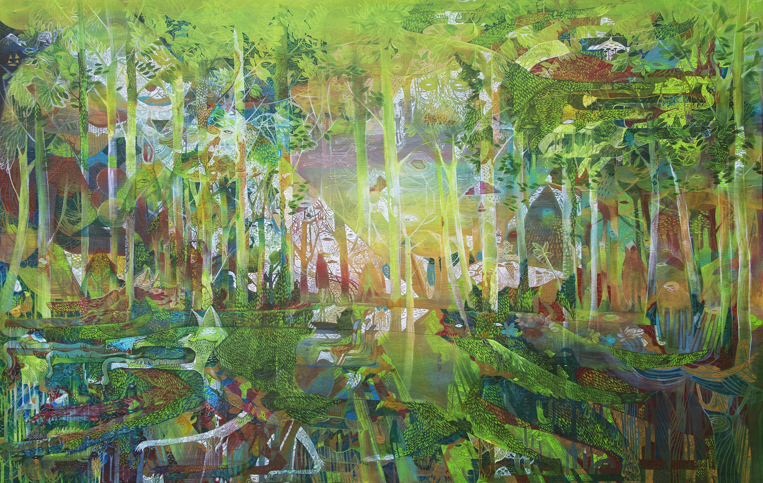 Green Wolf/Acrylic and Ink on wood panel/ original sold