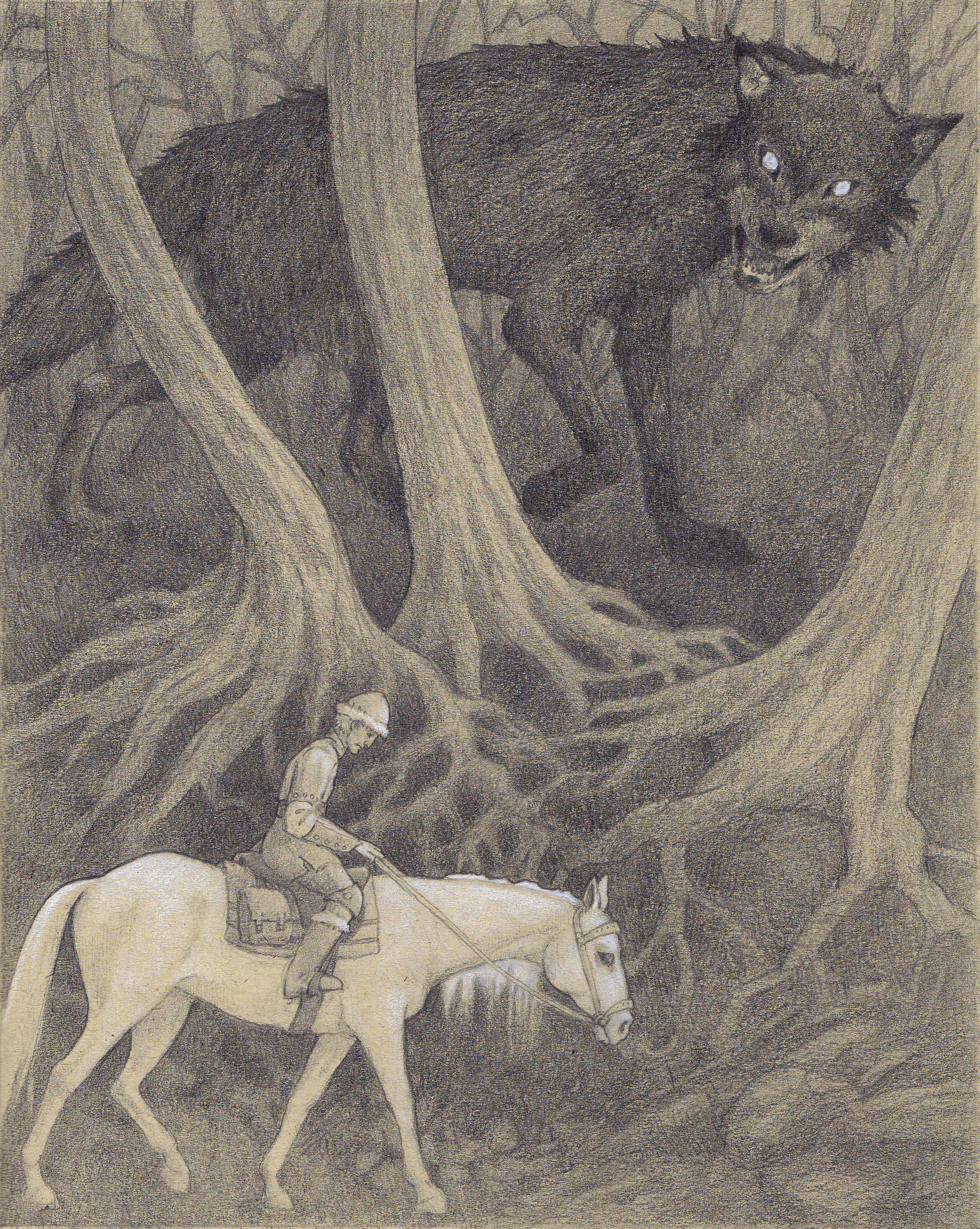 Ivan and the Wolf - Russian Fairy Tales series, graphite and chalk on toned paper