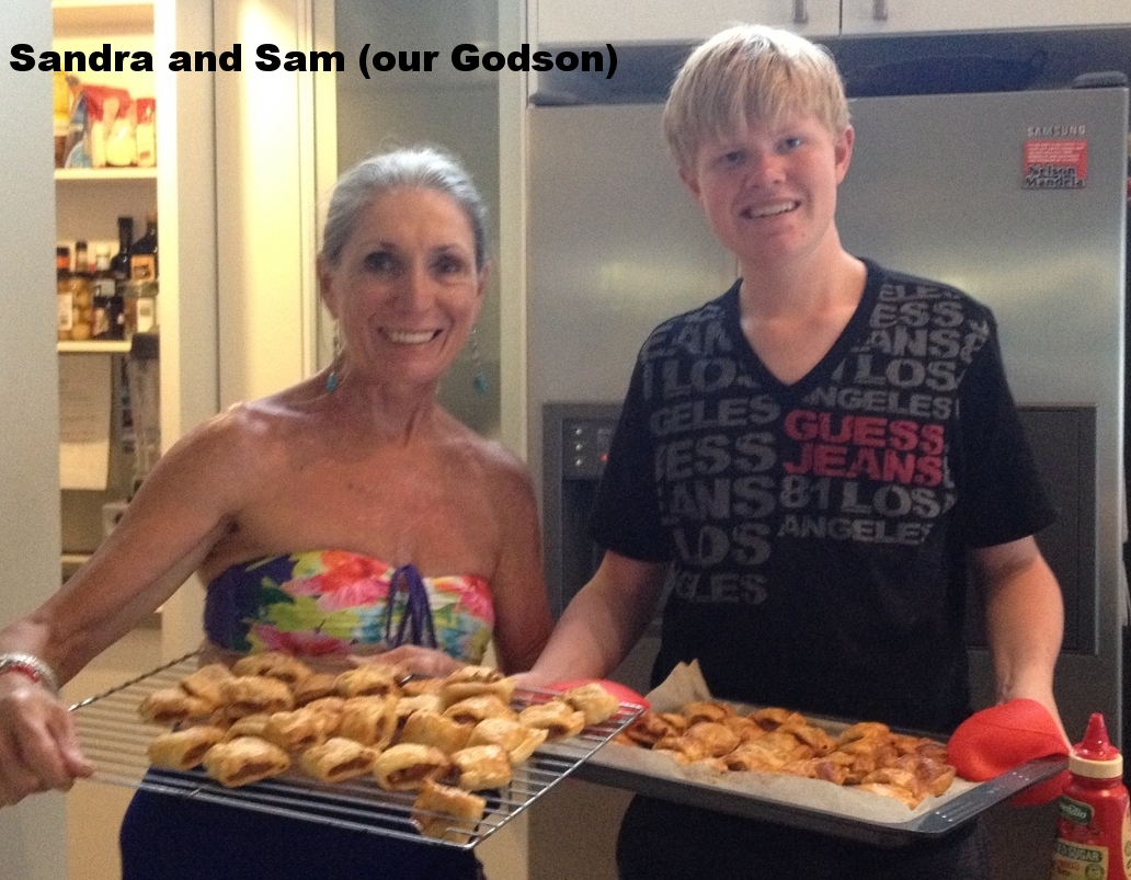 Sandra and Sam our godson in the kitchen
