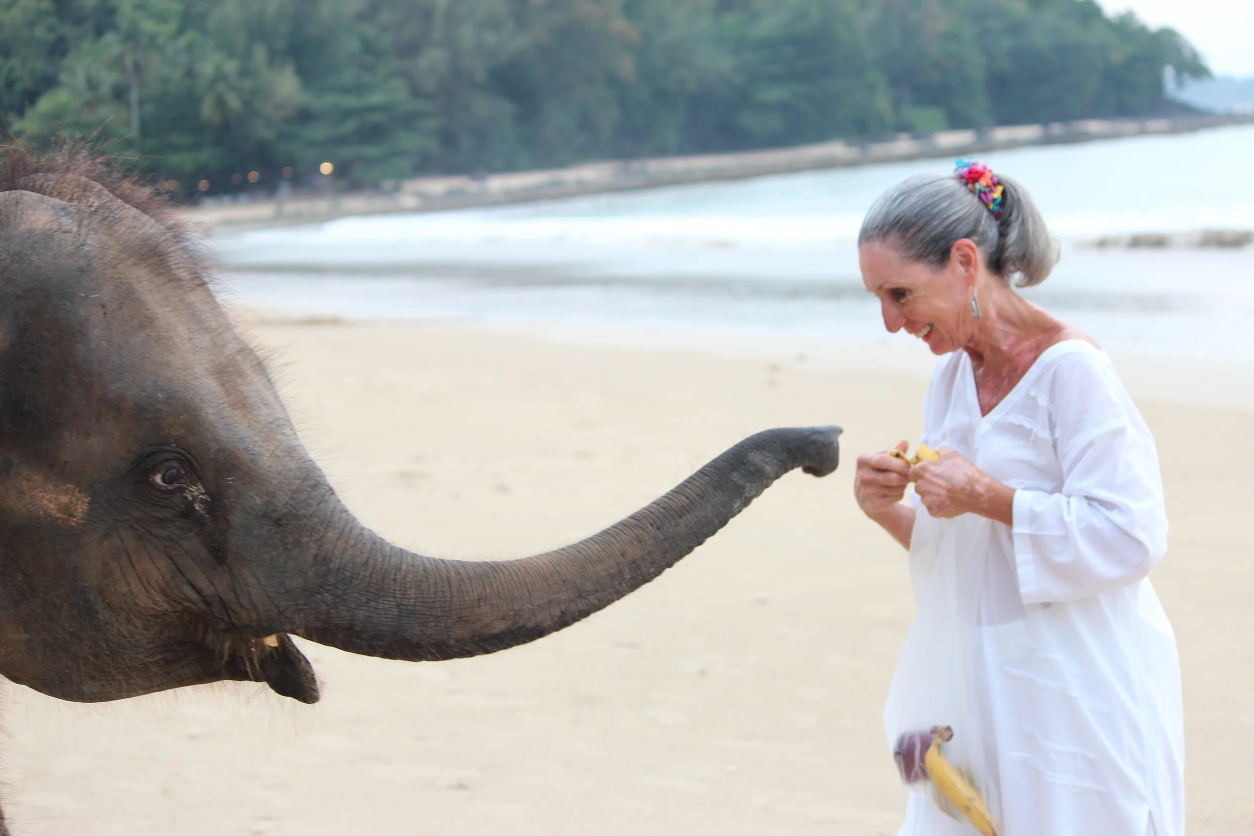 Sandra with elephant on the beach in Thailand