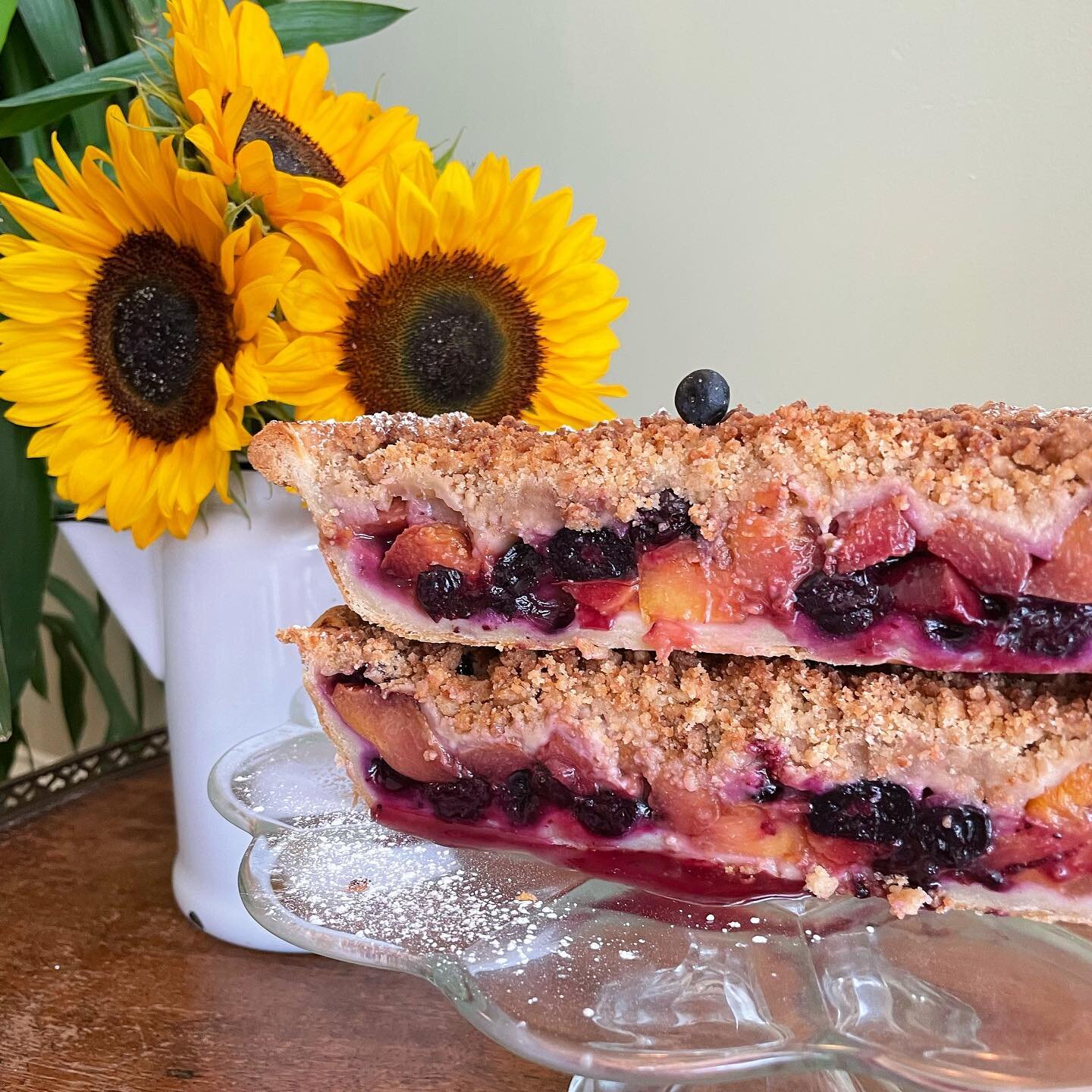 Blueberry Peach Pies for Fathers Day weekend! No preorders this weekend, (sorry y&rsquo;all!) PIES will be first come first serve Saturday &amp; Sunday 💙🍑🫐 We will have plenty of other goodies for the weekend &hearts;️